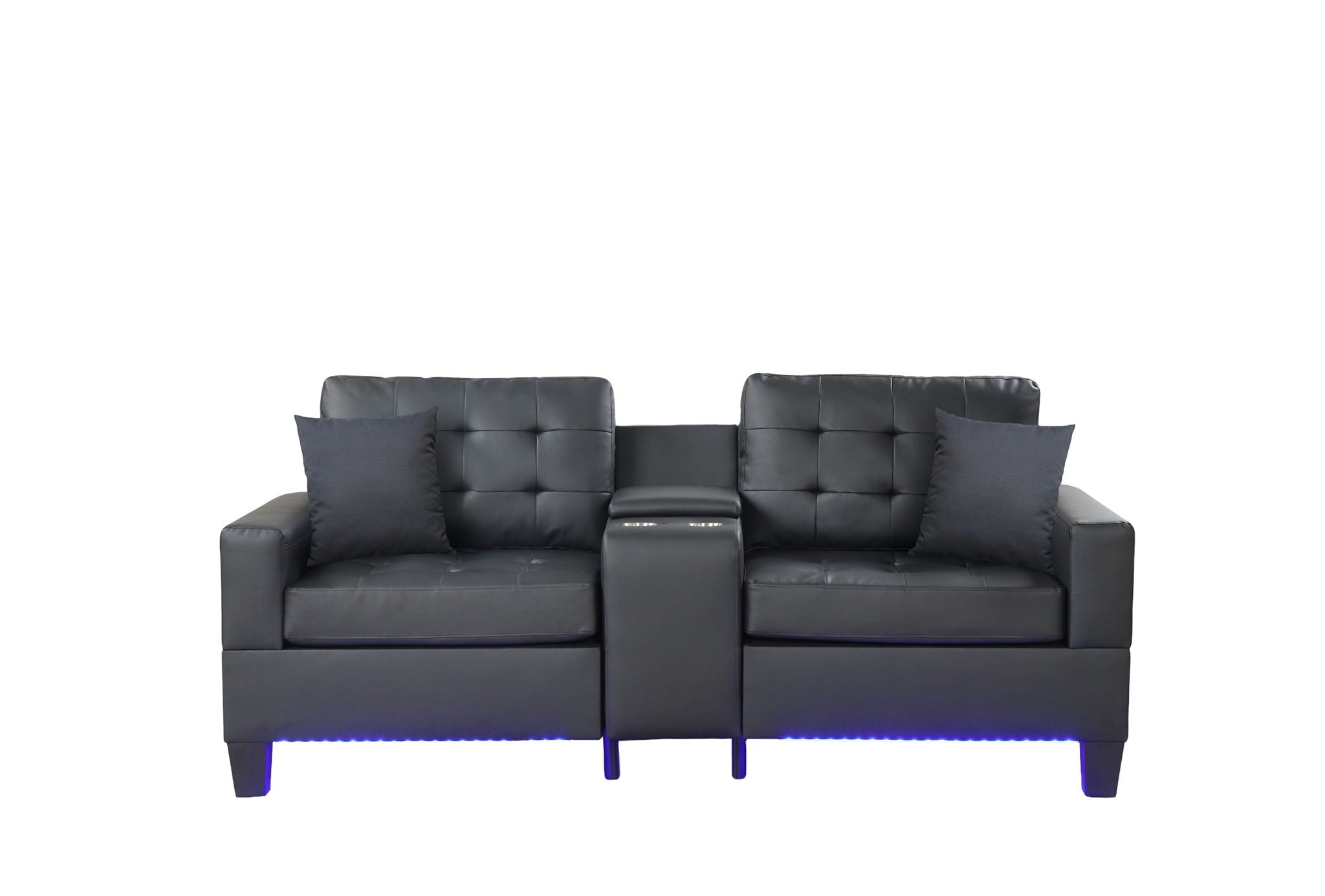 Genesis Black PVC Fabric Sofa Loveseat Living Room Set with LED Lights, USB Charger, Storage Console, Cupholders, Tufted Cushions
