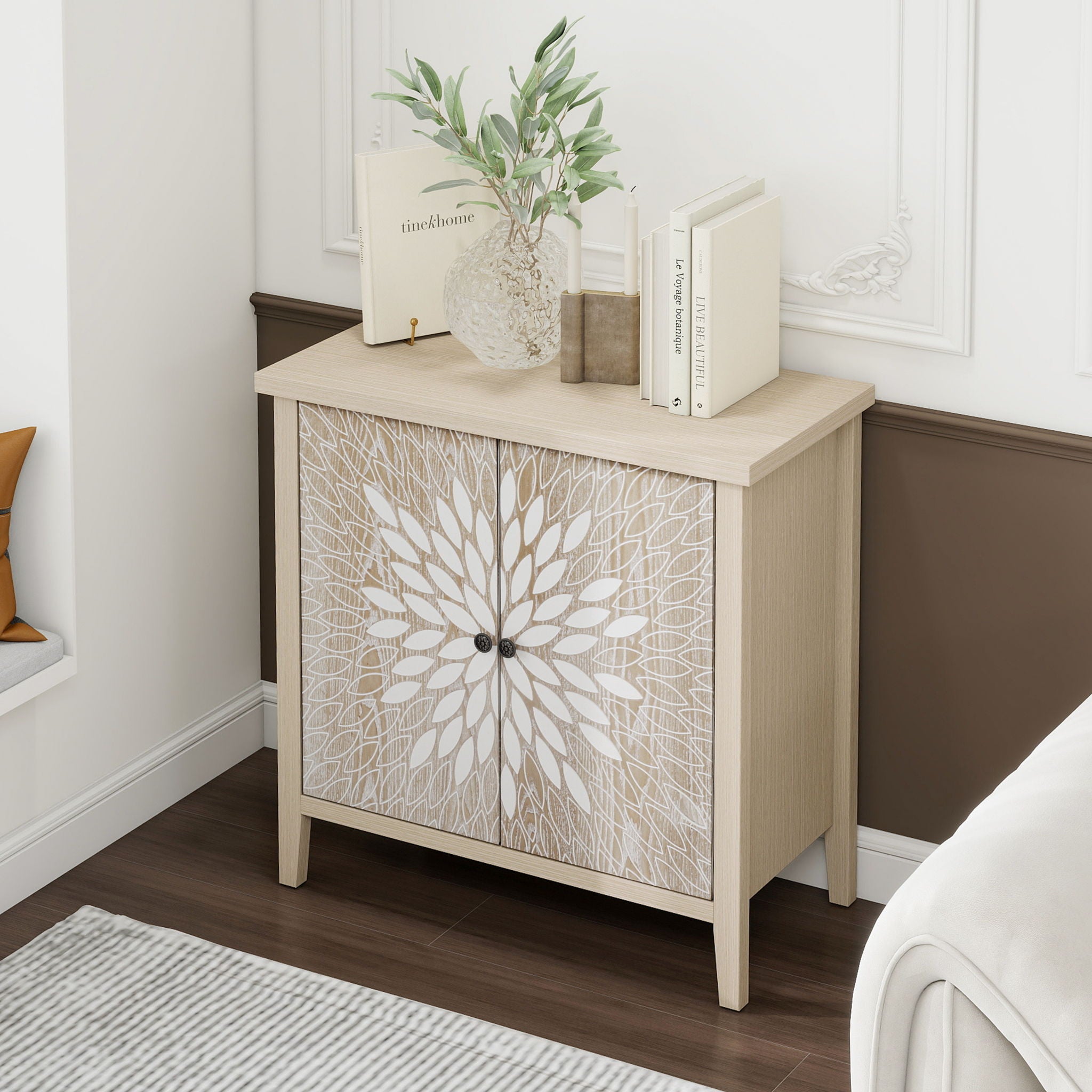 2 Door Carved Storage Cabinet With Adjustable Shelf, Accent Furniture