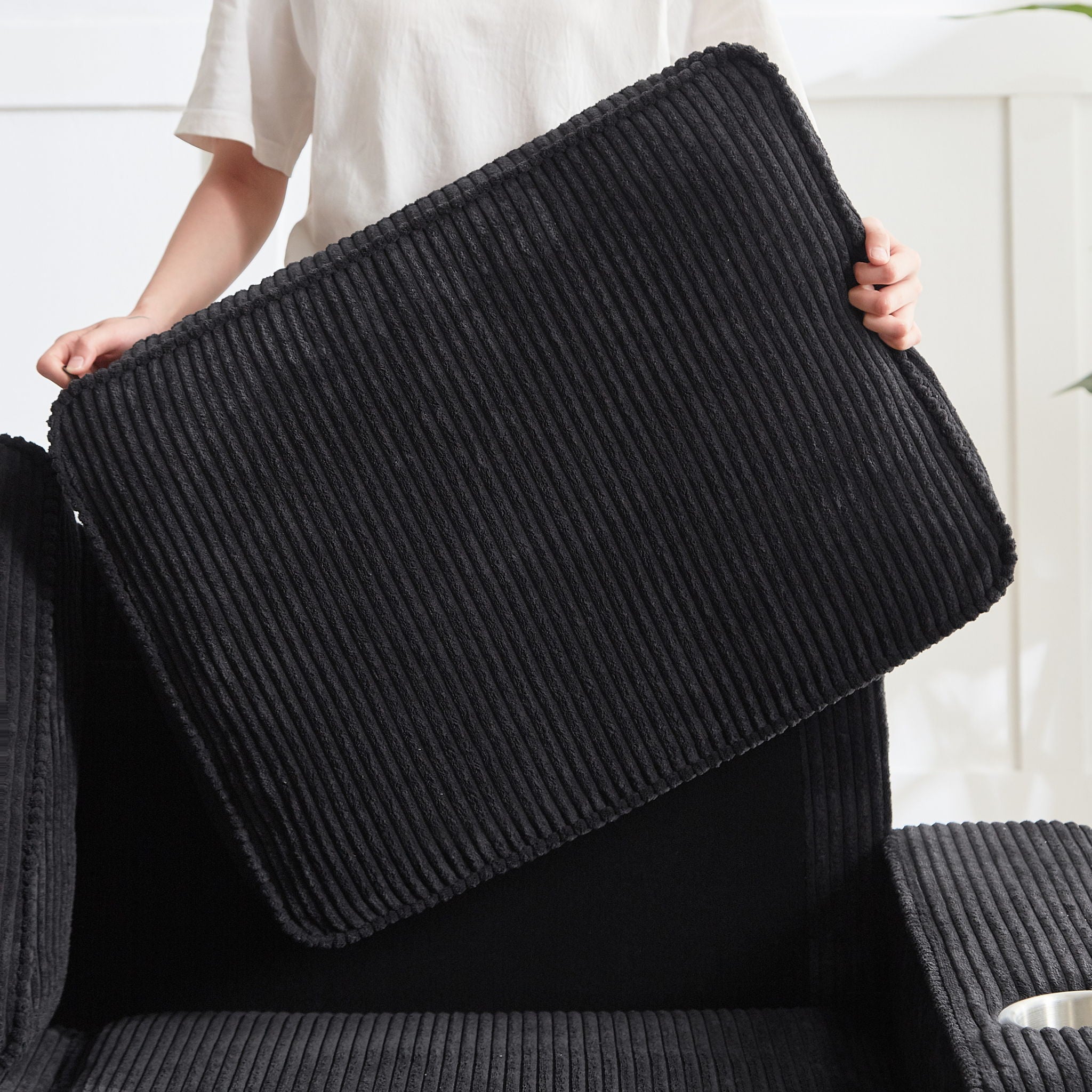 Modern Corduroy Fabric Sofa, 3 Seater Compressed Couch With Cup Holders