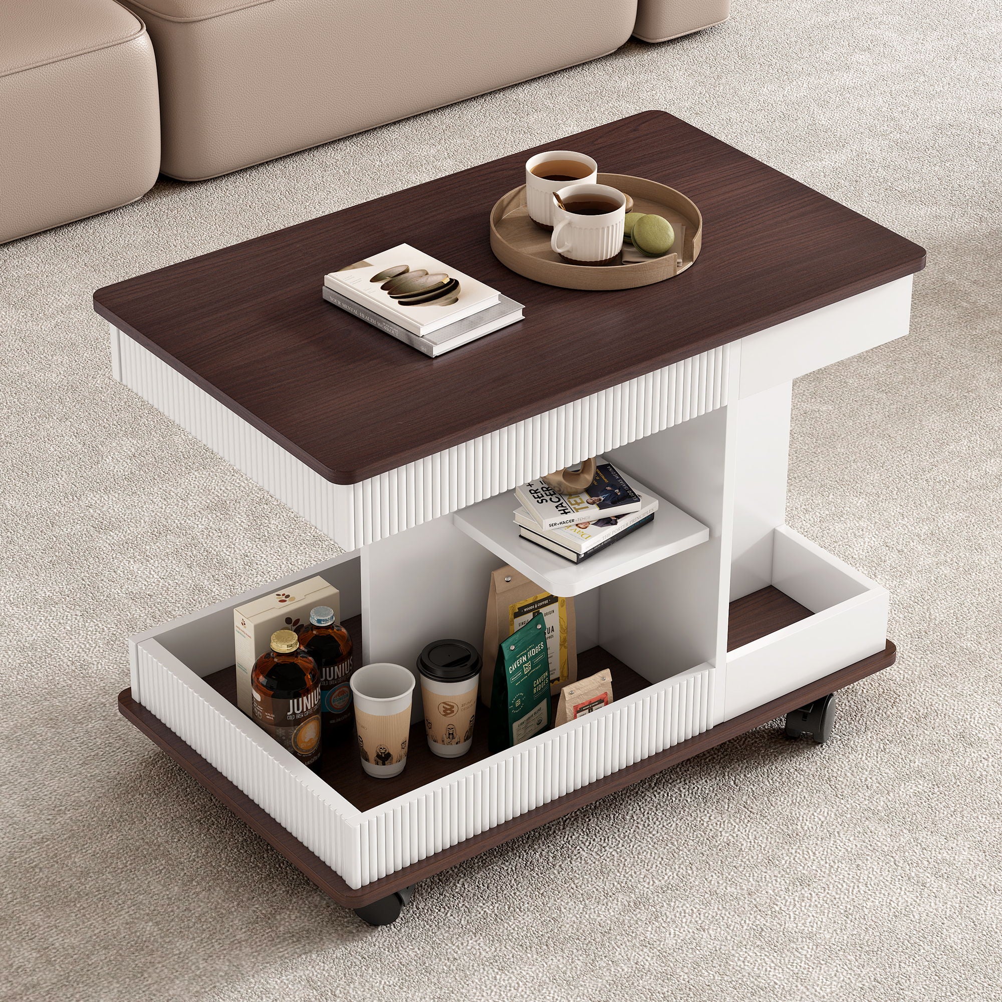Adjustable End Table With Wheels, 360°Rotating Top And Storage Space