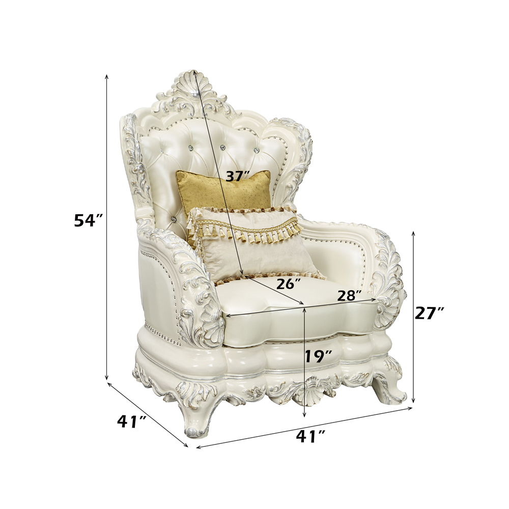 Adara - Chair With 2 Pillows - Pearl White Synthetic Leather & Antique White