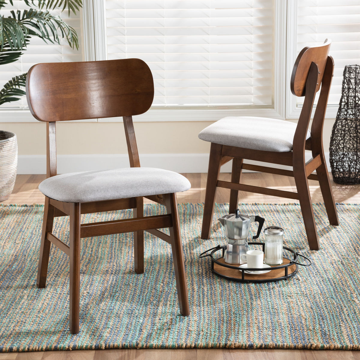 Euclid Mid-Century Modern Grey Fabric Upholstered and Walnut Brown Finished Wood 2-Piece Dining Chair Set