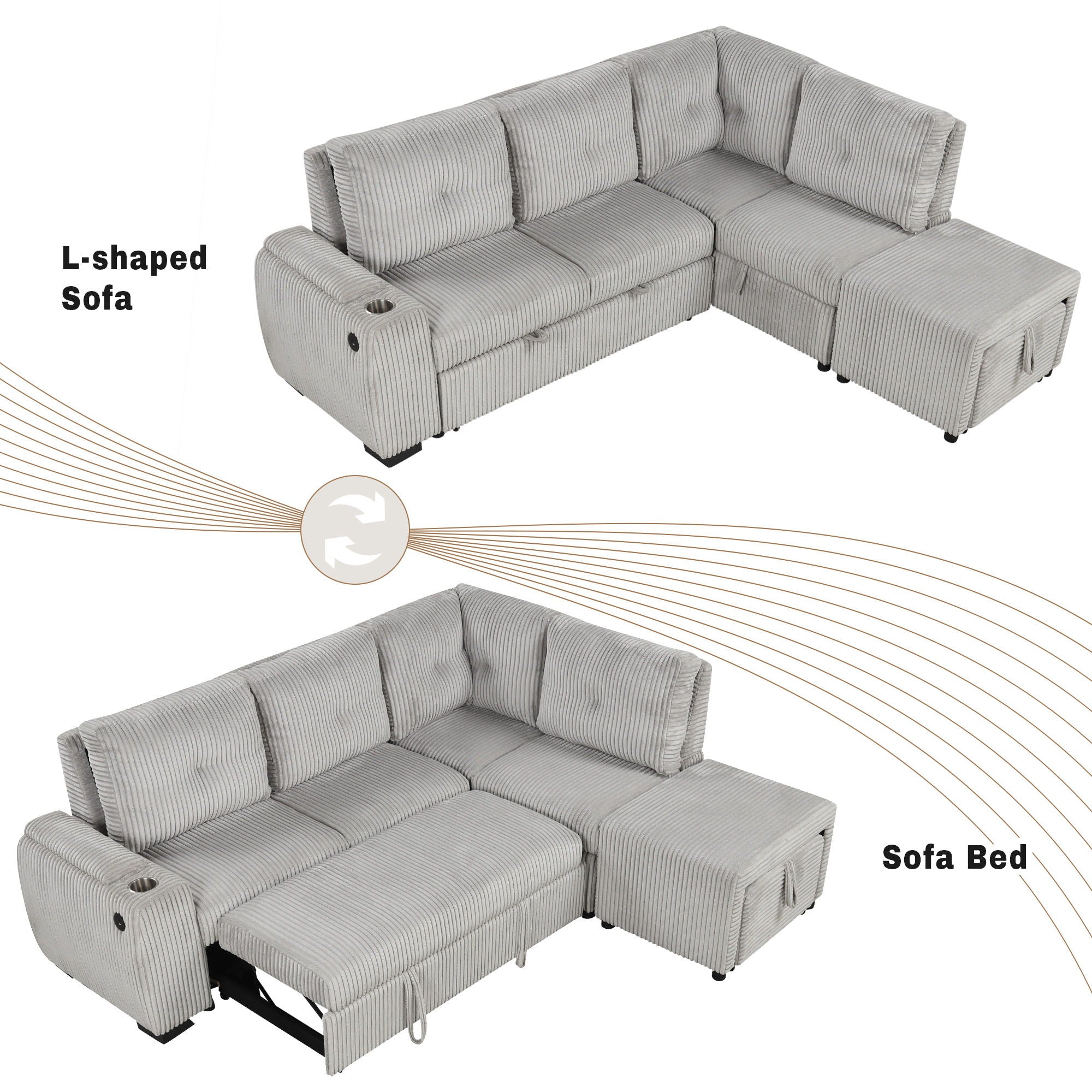 Pull-Out L-Shaped Sectional Sofa With Movable Ottoman And Stool, Large Storage Space, A Cup Holder, And 2 USB Ports For Living Room