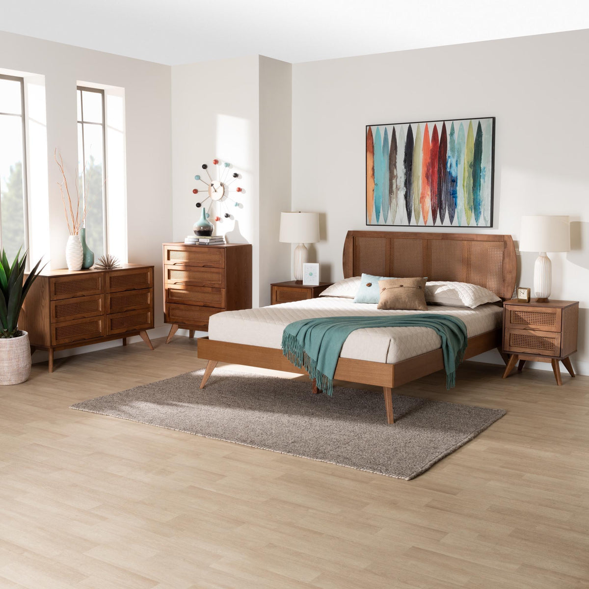 Asami Mid-Century Modern Walnut Brown Finished Wood and Woven Rattan Full Size 5-Piece Bedroom Set