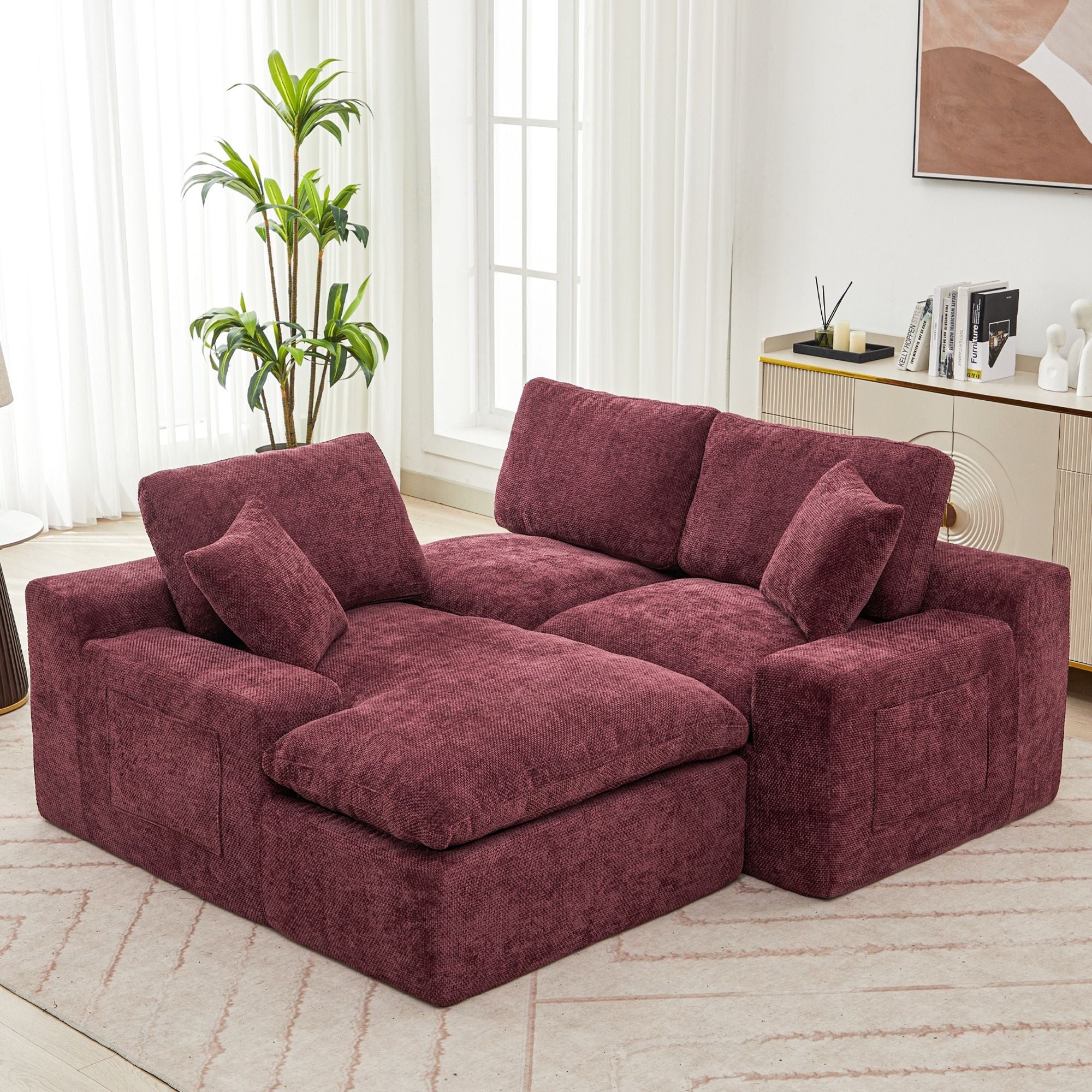 Cloud Sectional Sofa With Double Layer Cushion And Side Pockets, Free-Combined