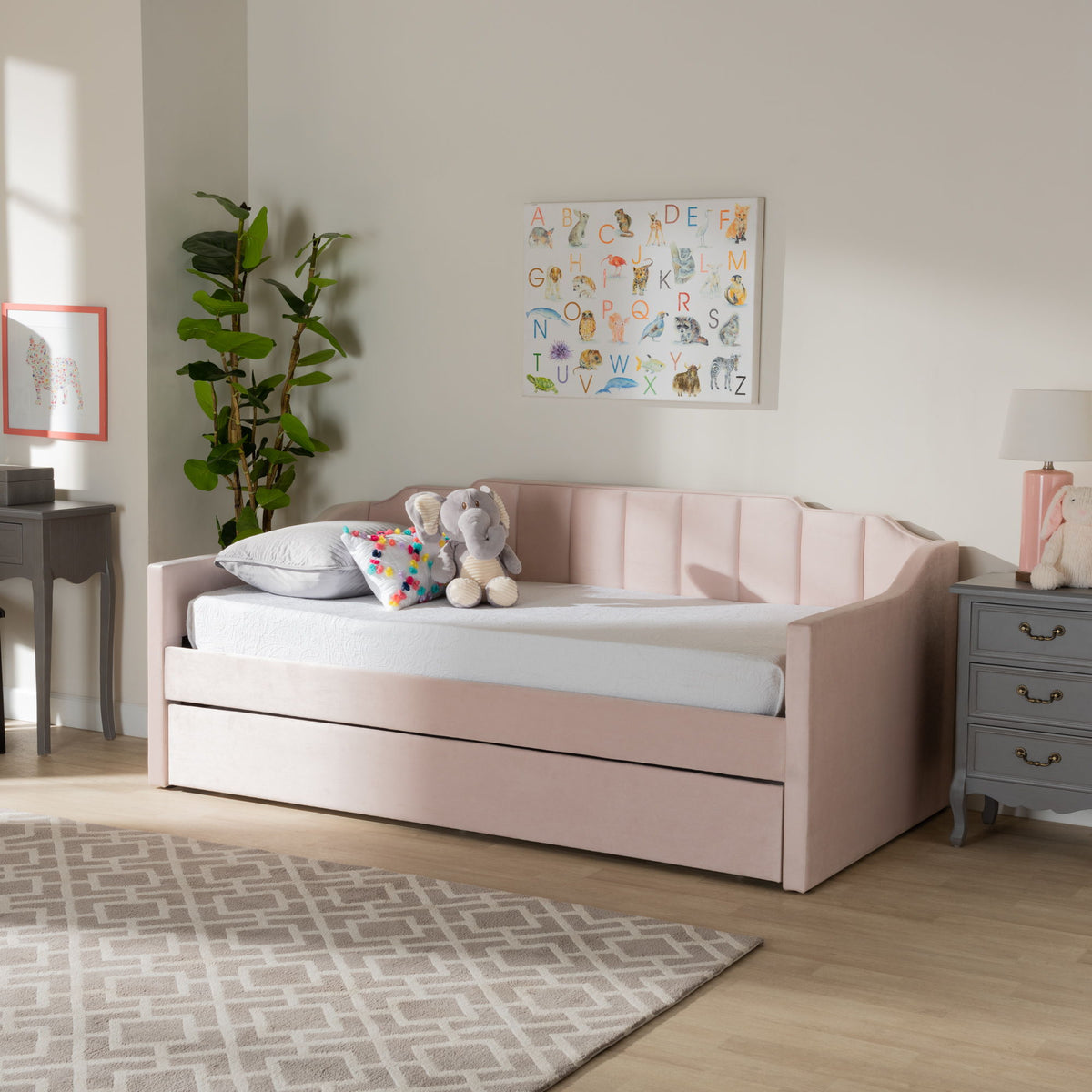 LenNon Modern and Contemporary Pink Velvet Fabric Upholstered Twin Size Daybed with Trundle