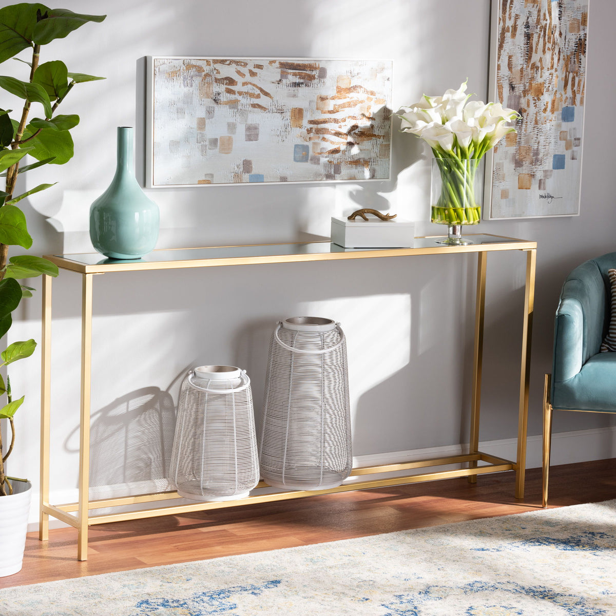Alessa Modern and Contemporary Glam Gold Finished Metal and Mirrored Glass Console Table