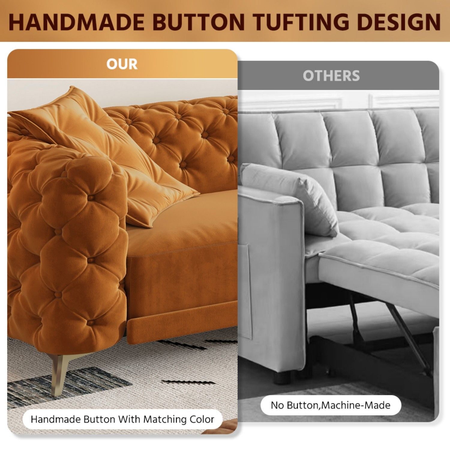 3 In 1 Convertible Sleeper, Deep Seat Pull Out Sofa Bed, Button Tufted