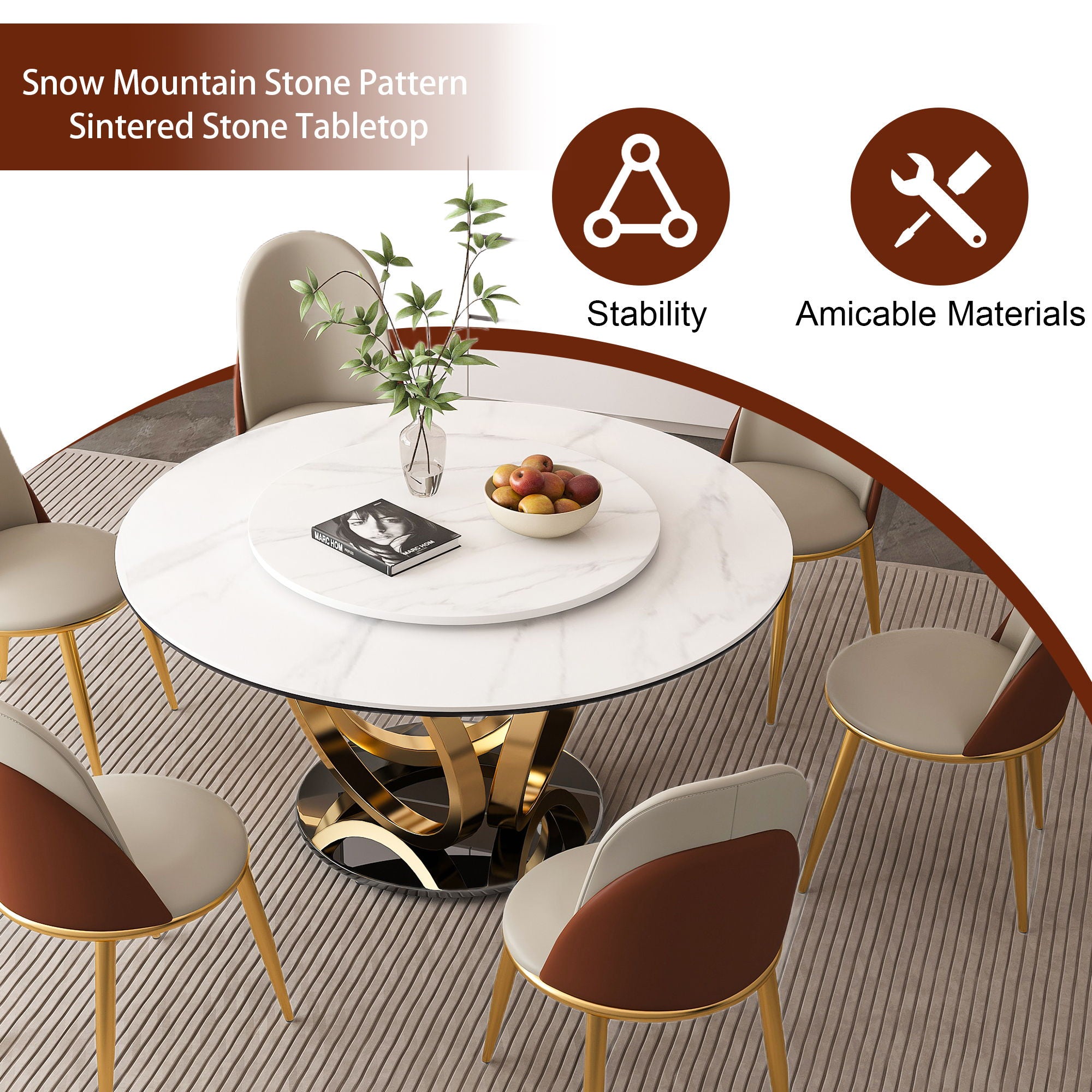 Round Dining Table With 360° Smooth Lazy Susan Stain / Heat - Gold / Black / White