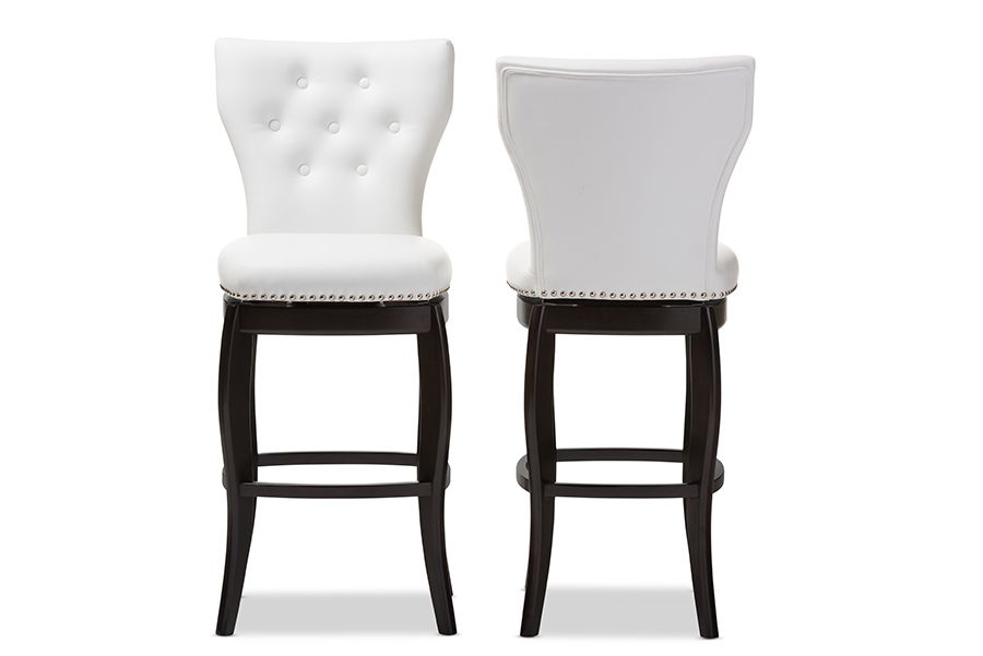 Leonice Modern and Contemporary White Faux Leather Upholstered Button-tufted 29-Inch 2-Piece Swivel Bar Stool Set