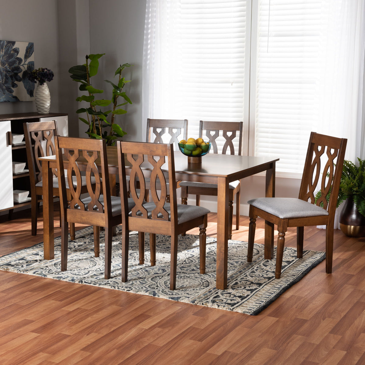 Cherese Modern and Contemporary Grey Fabric Upholstered and Walnut Brown Finished Wood 7-Piece Dining Set