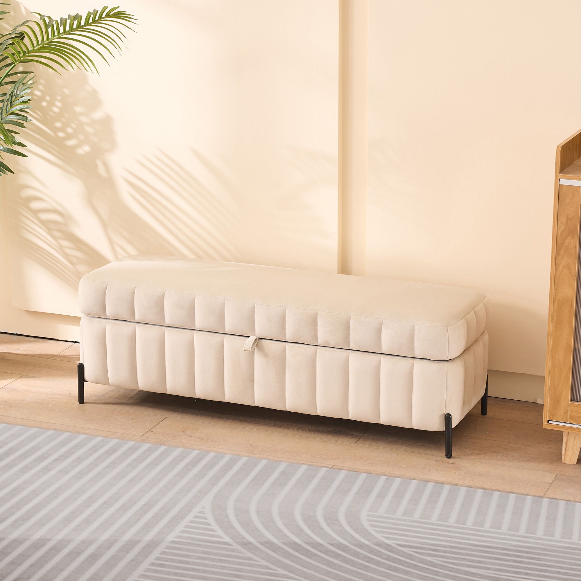 Wide Upholstered Velvet Storage Soft Bench Ottoman With Metal Legs