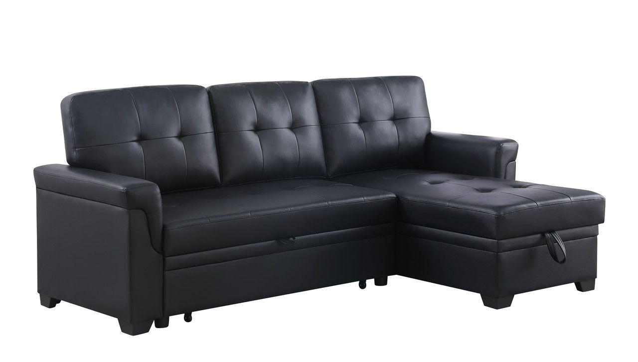 Lucca 84"W Black Vegan Leather Modern Reversible Sleeper Sectional Sofa with Storage Chaise