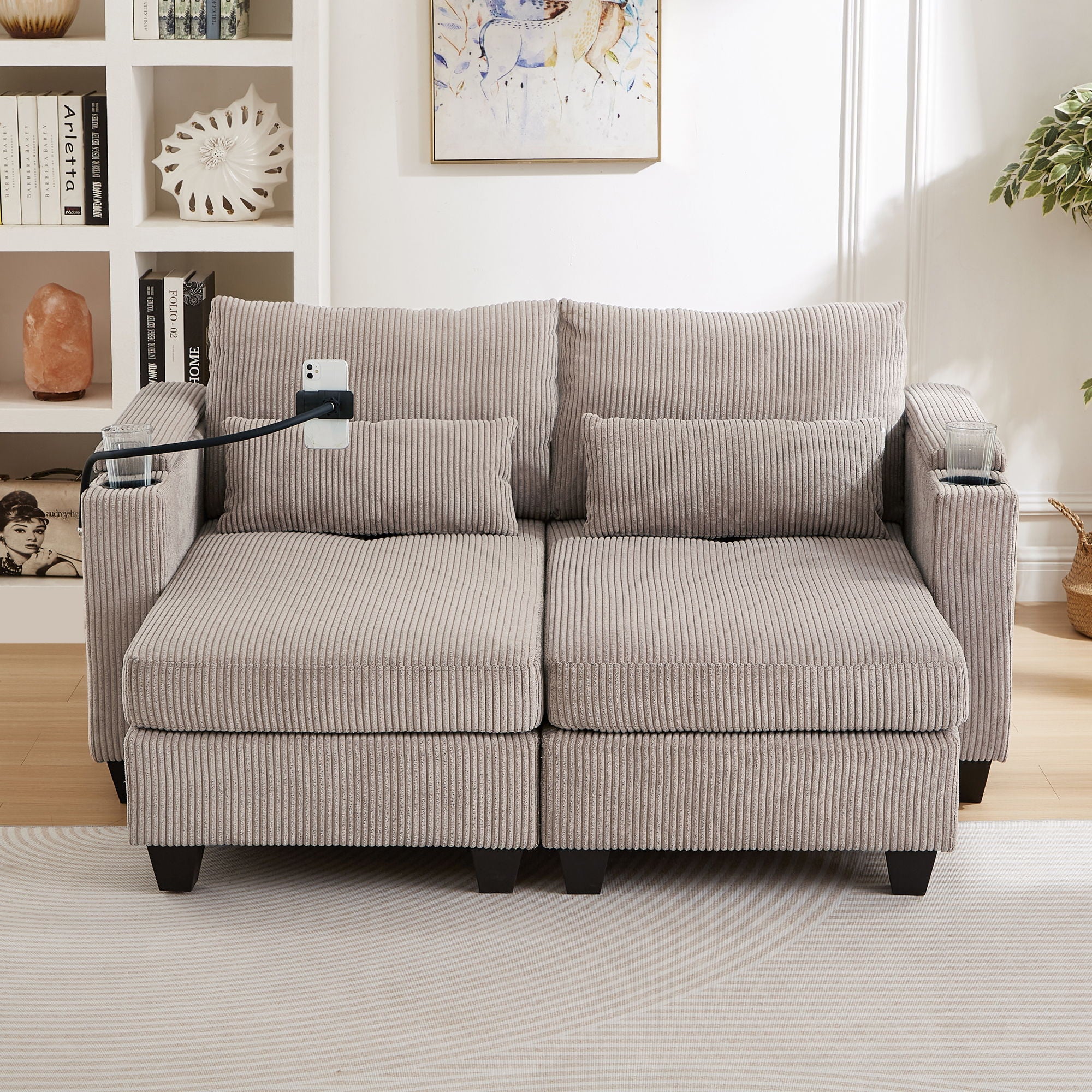 Convertible Chaise Lounge Sofa Chair With USB Ports, Cup Holders, Phone Holder And Storage