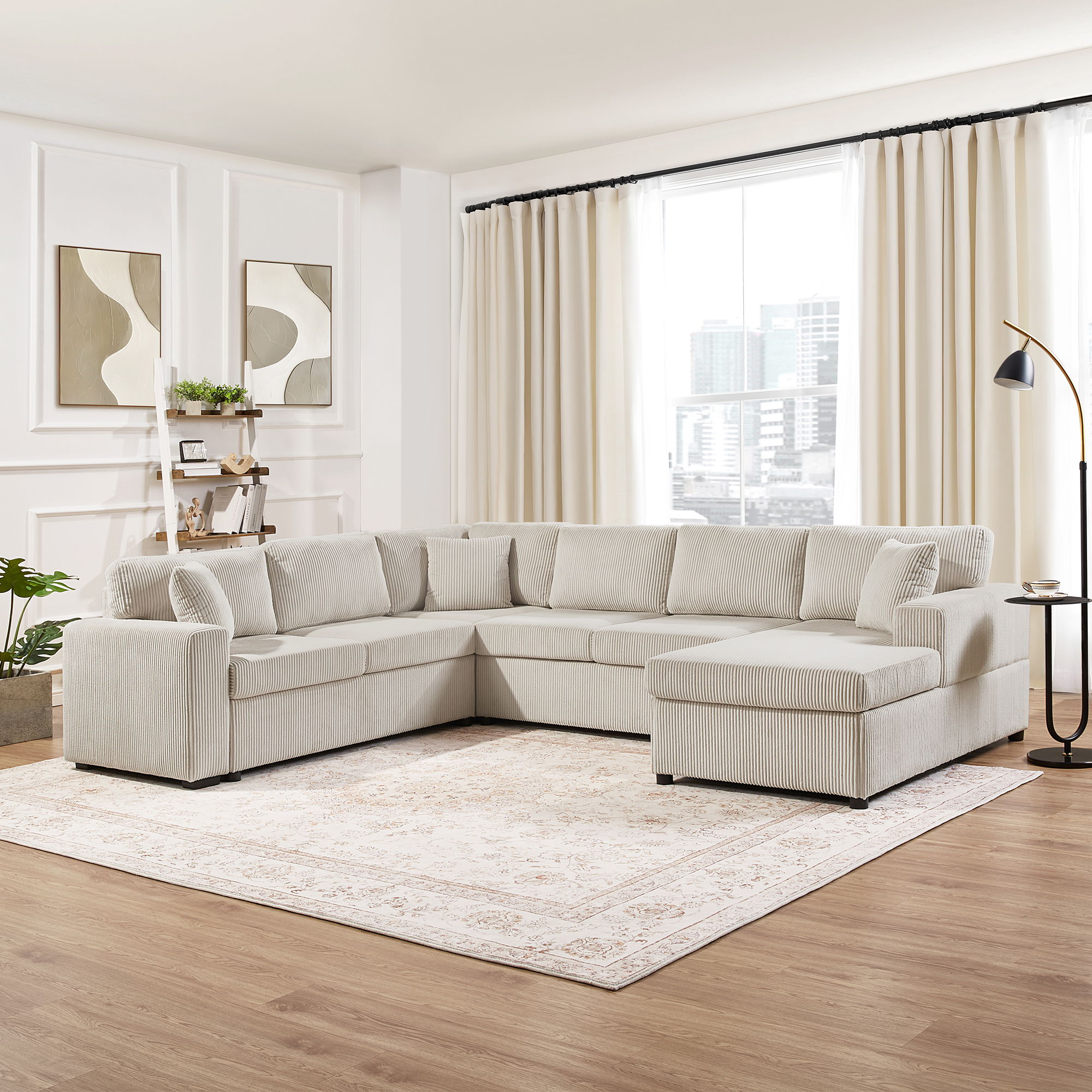 Oversized Sectional U-Shaped Sofa With Chaise Lounge And Three Soft Throw Pillows