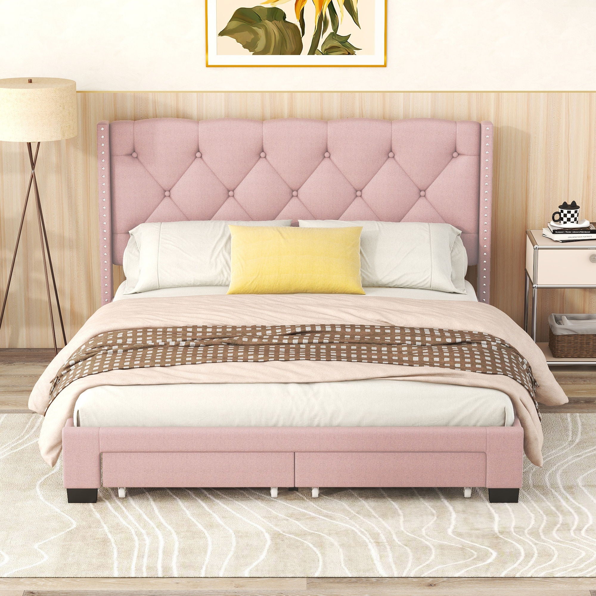 Queen Size Storage Bed Linen Upholstered Platform Bed & Two Drawers - Pink