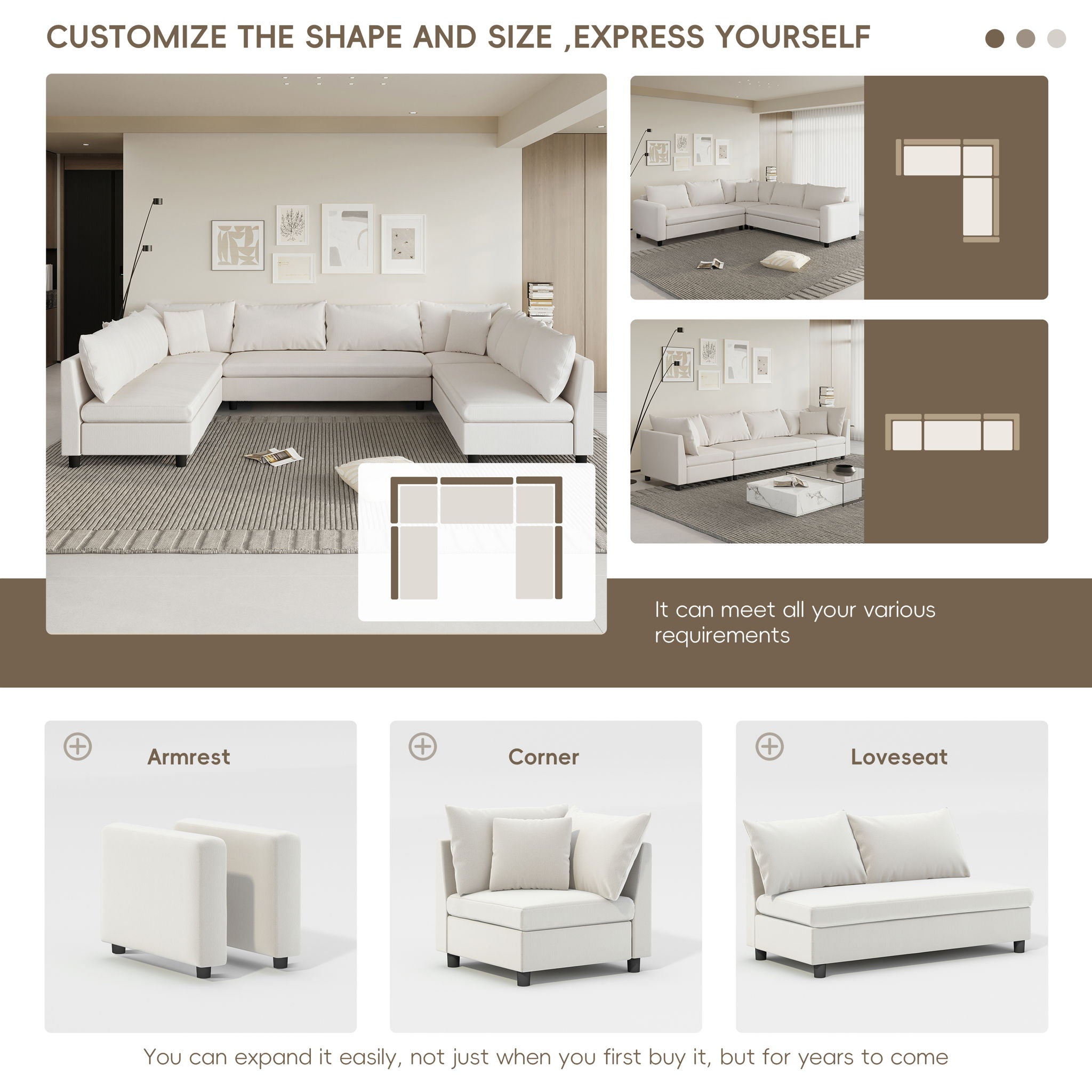 Modular Sectional Reversible U Shaped Couch Set, Free Combination Minimalist Style Oversized 8 Seat Convertible Sofa