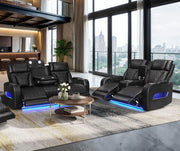 Jazz Black Leather Aire Transformer Power Reclining Sofa & Loveseat Living Room Set with Power Headrest, Bluetooth Speakers, LED Lights, Wireless Charging Drop-Down Table, USB & USB-C Ports, Storage & Cupholders