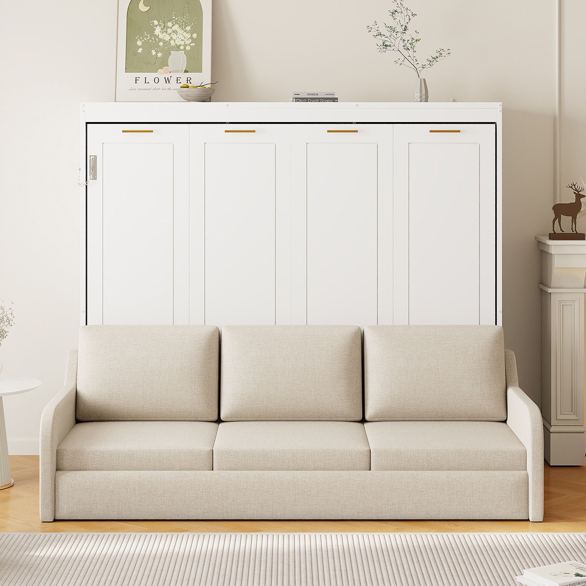 Murphy Cabinet Bed With Folding Sofa, Built In Storage Shelves And LED Light