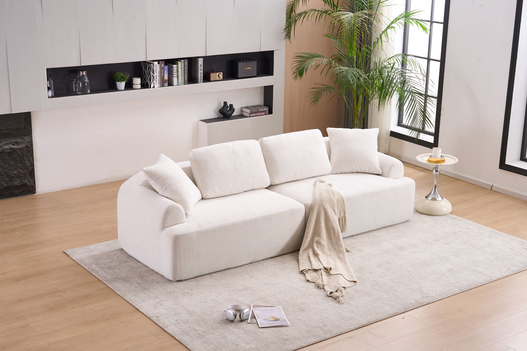 Compression Sofa: 4 Seater Combined Sofa, Crochet Yarn Fabric, Full Sponge Compression Sofa, Combined Sofa With 4 Pillows For Home Living / Home Furniture / Apartment - Beige