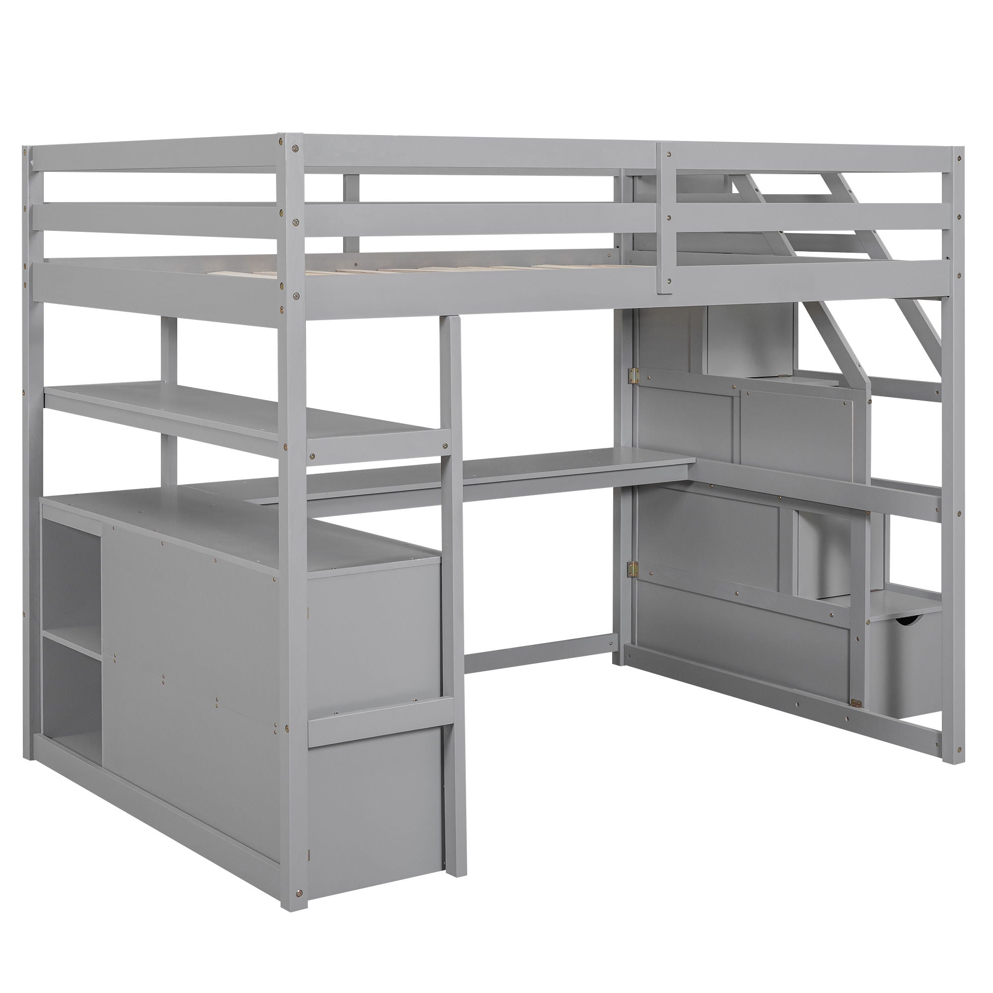 Loft Bed With Desk, Shelves, 2 Drawers, Storage Staircase