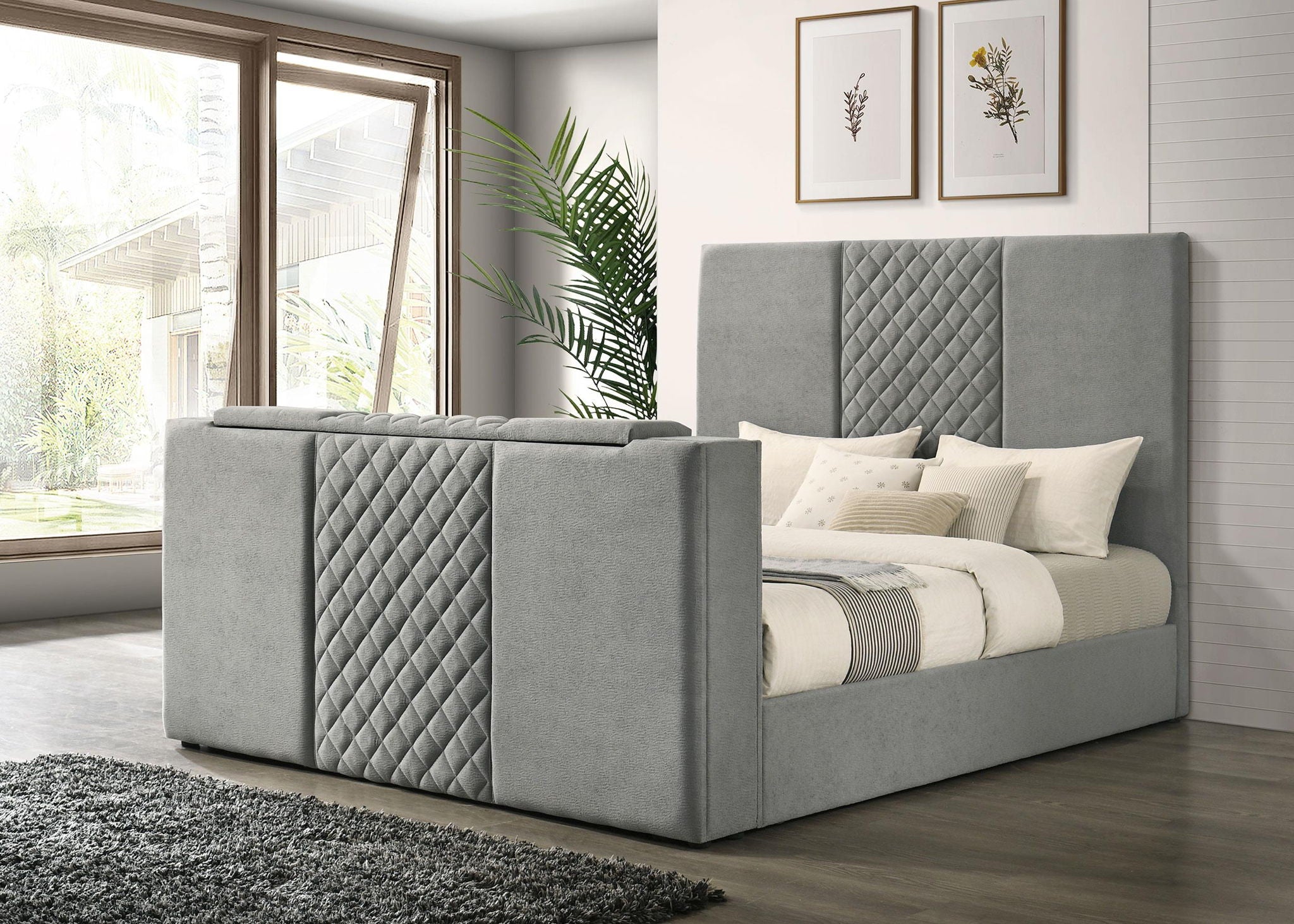 Tara 61-inch Upholstered Eastern King Panel TV Bed Grey