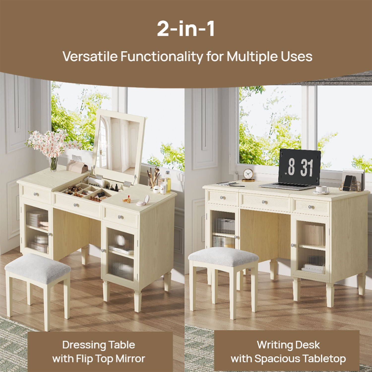 Multi Functional 2 In 1 Vanity Desk With Flip Top Mirror Material - White Oak
