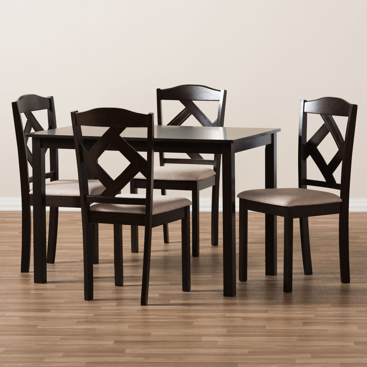 Ruth Modern and Contemporary Beige Fabric Upholstered and Dark Brown Finished 5-Piece Dining Set