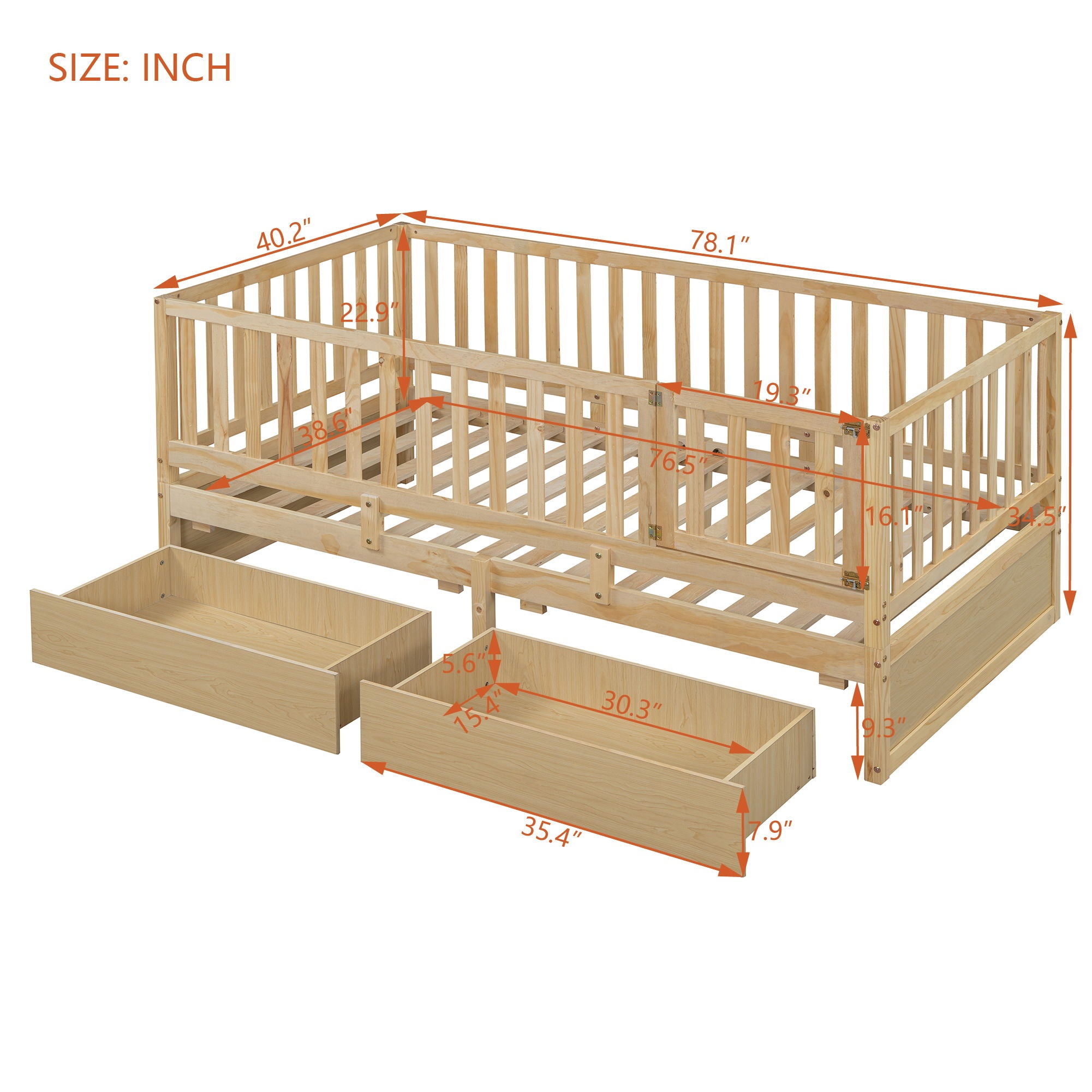 Daybed With Fence Guardrails And 2 Drawers, Split Into Independent Floor Bed & Daybed