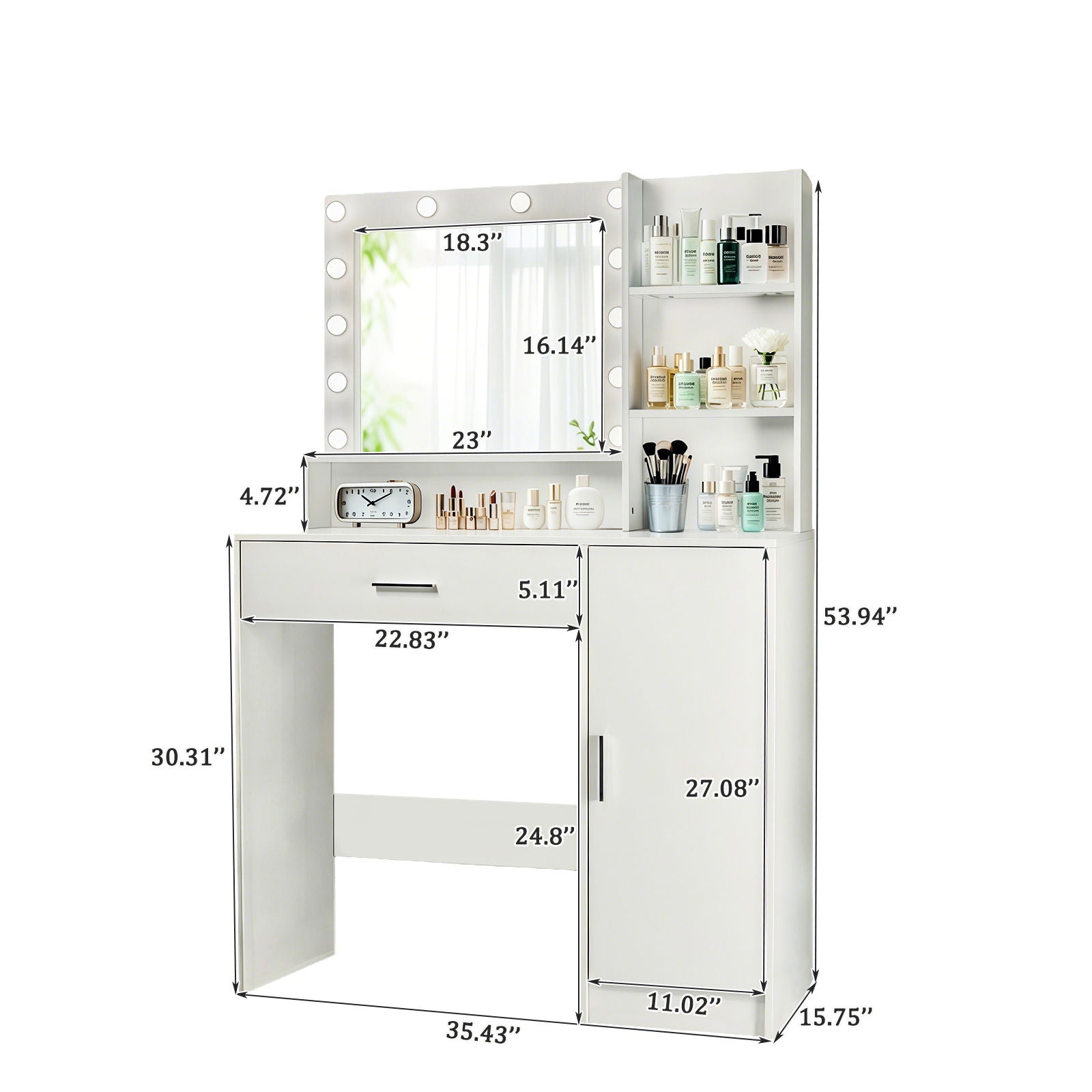 Vanity Desk With Mirror And Adjustable LED Lights, 3 Lighting Modes, Drawer And Storage Cabinet - White