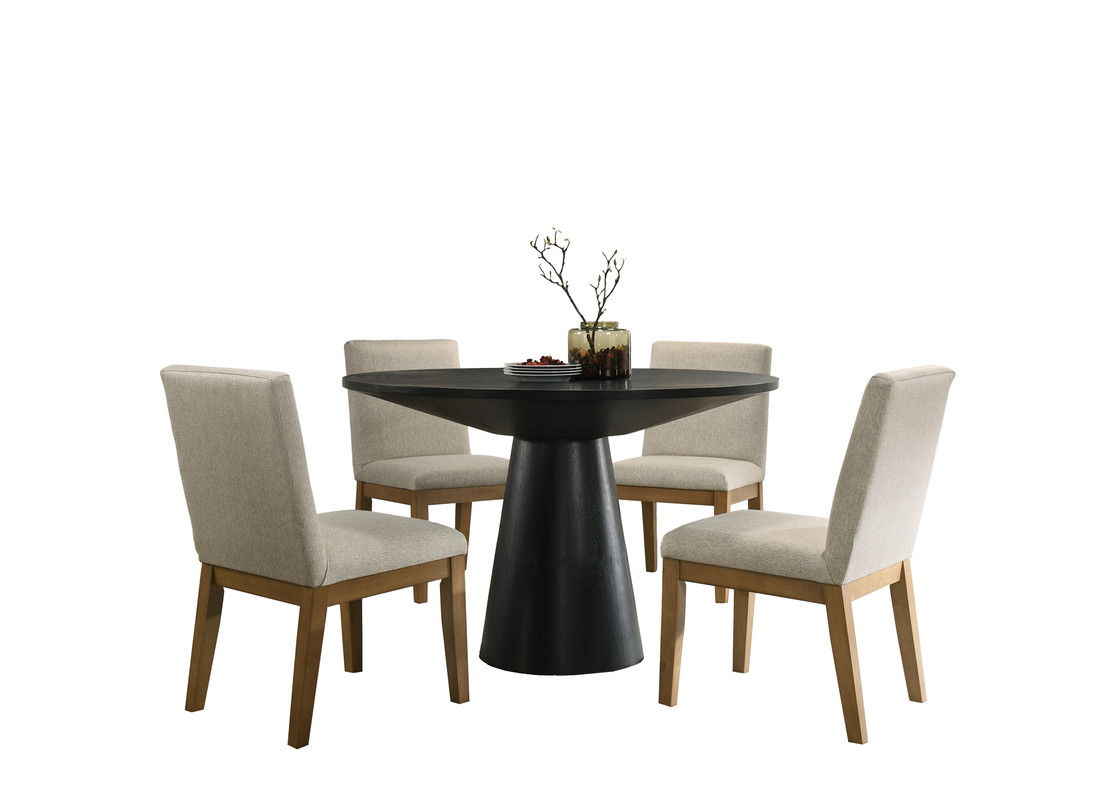 Jasper Ebony Black 5 Piece 47" Contemporary Round Dining Table Set with Pedestal Base and Beige Fabric Chairs