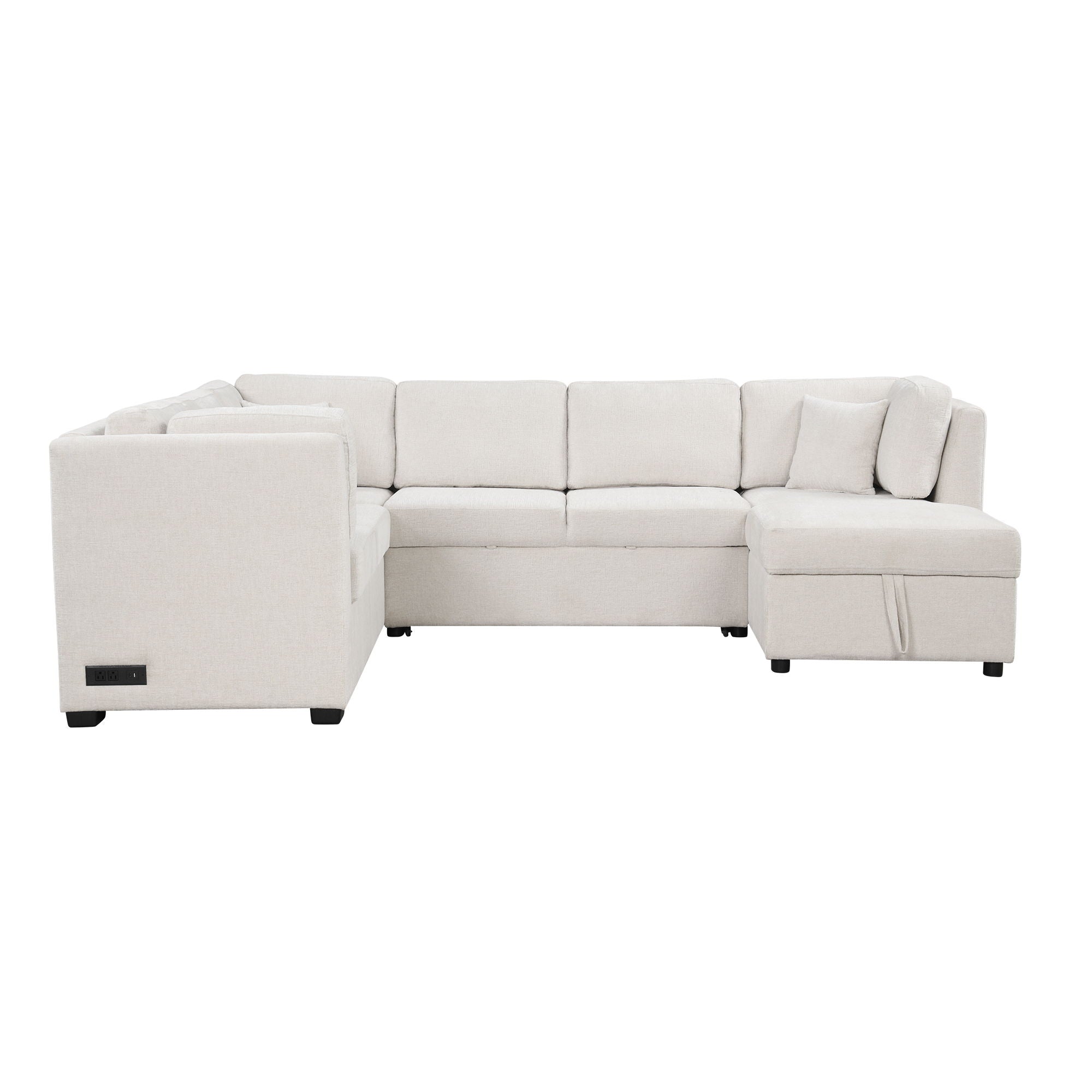 U-Shaped Sectional Sofa Pull Out Sofa Bed With Two USB Ports, Two Power Sockets, Three Back Pillows And A Storage Chaise For Living Room