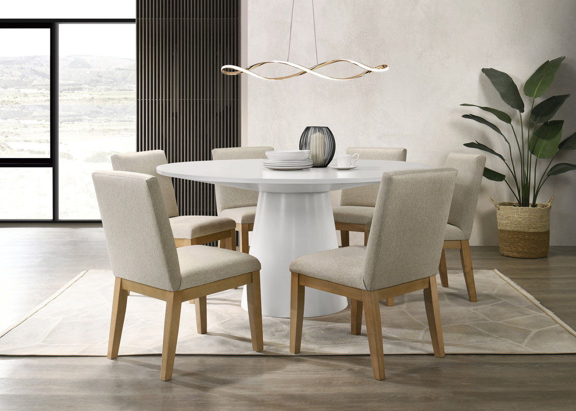 Jasper White 7 Piece 59" Round Dining Table Set with Pedestal Base and Driftwood Finish Chairs