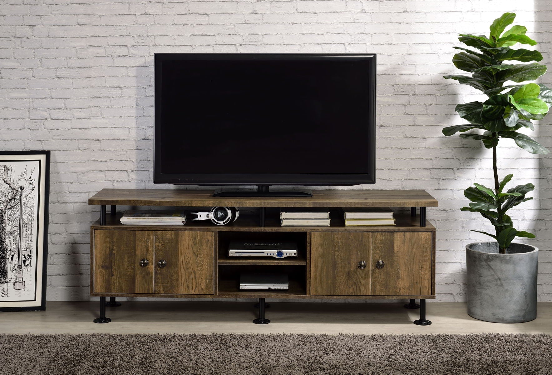 ACME Ensata II - TV Stand - Rustic Oak & Black Finish | Meri Furniture