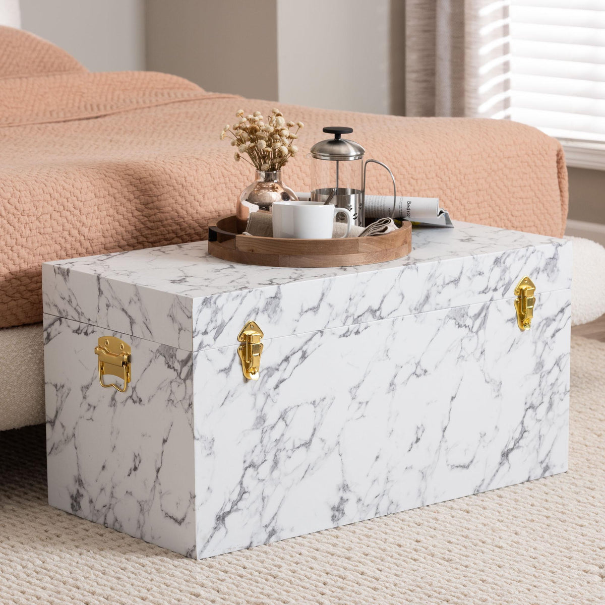 Brenta Storage Trunk with Lift-Top Lid - Decorative Organizer Chest with Faux Marble Effect, Contemporary Storage Solution