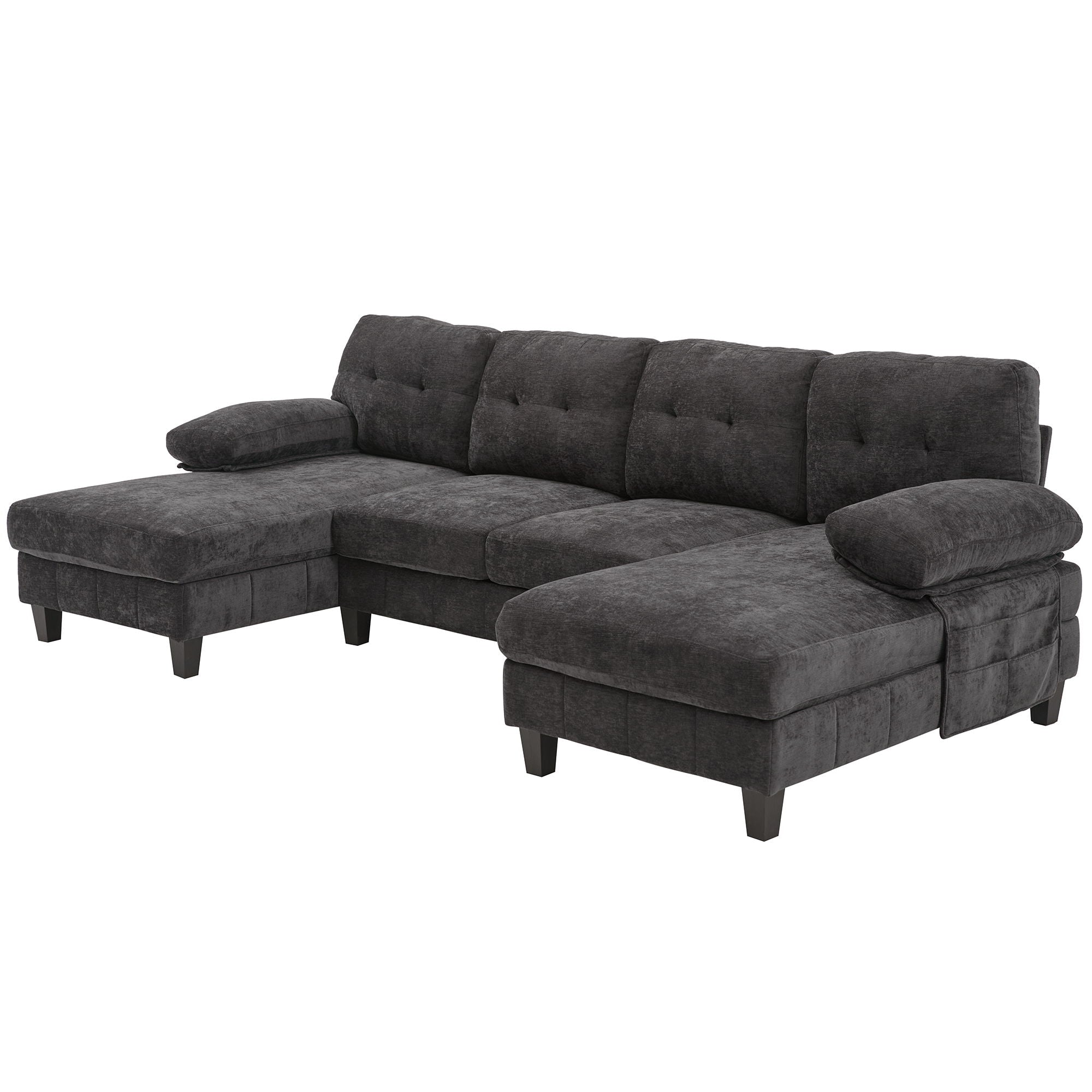 U-Shaped Sectional Sofa 103.5" Black Chenille Fabric Couch With Dual Chaise Lounges, Storage Pockets, Armrest Pillows