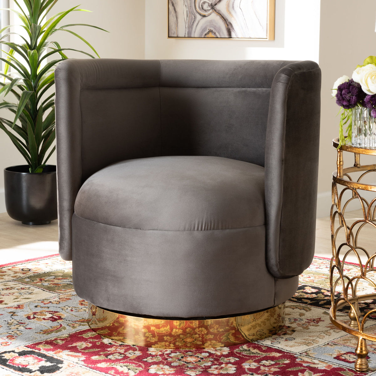Saffi Glam and Luxe Grey Velvet Fabric Upholstered Gold Finished Swivel Accent Chair