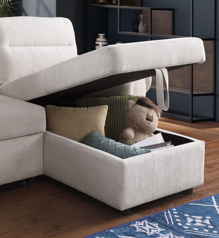 Hugo 97"W Beige Chenille Reversible Sleeper Sectional Sofa Chaise with USB Charger, Phone/Magazine Pockets