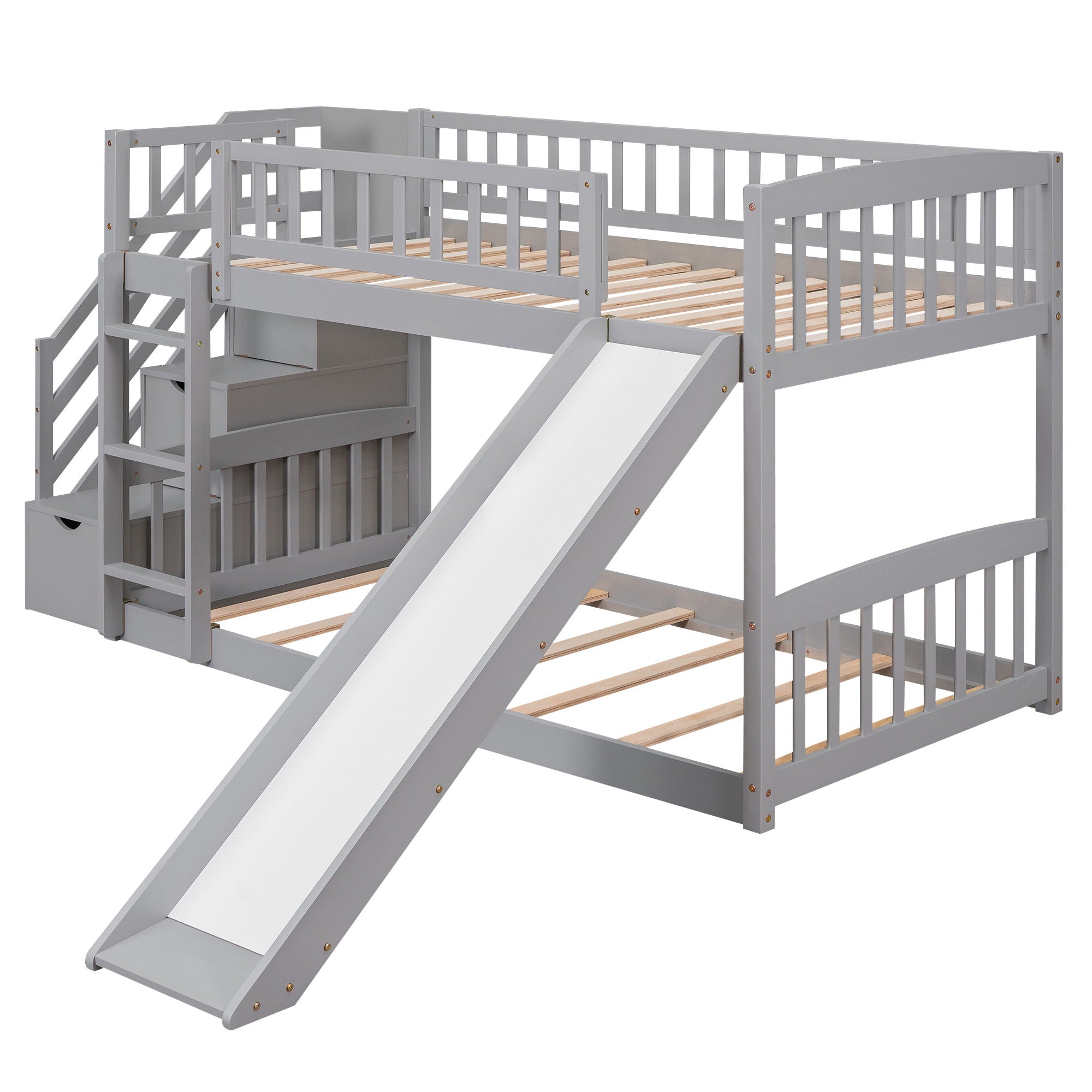 Twin Over Twin Bunk Stairway Bed With 2 Drawers And Slide - Gray