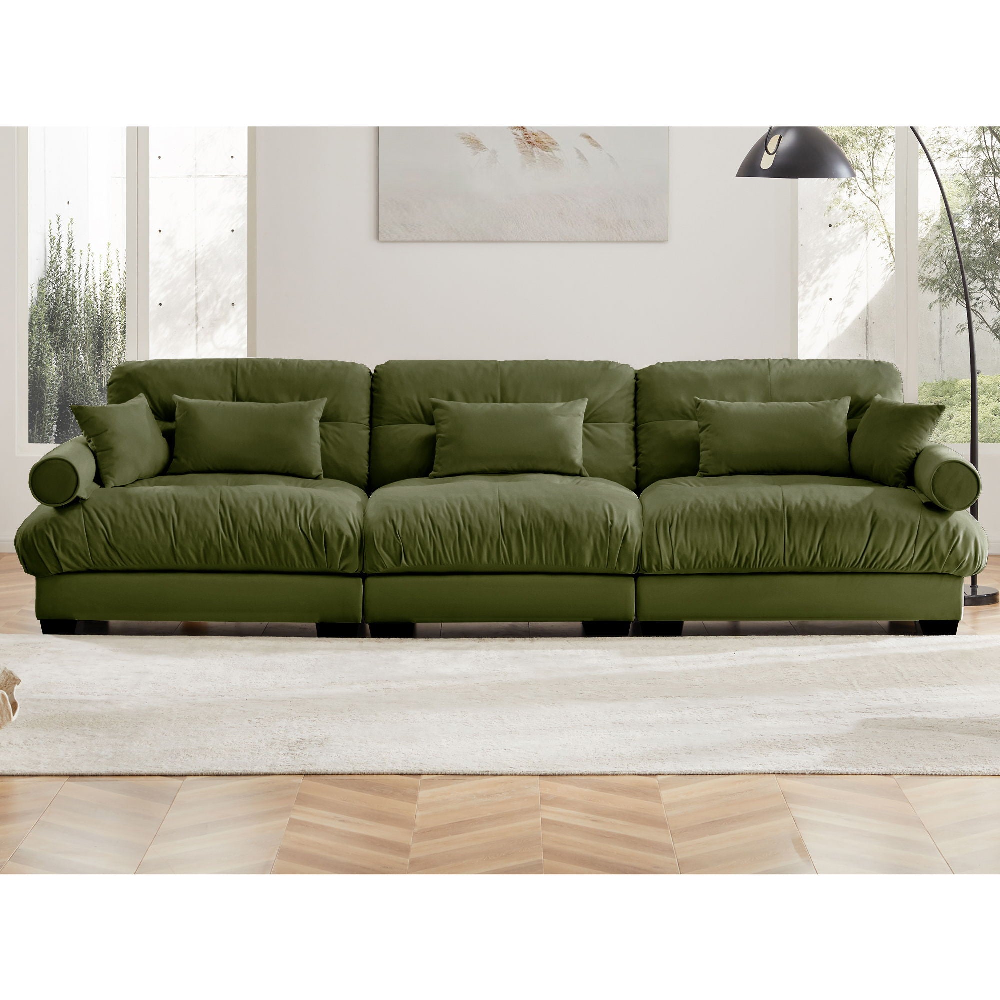 Modern Velvet Sofa With Bolstered Armrests And Pillows