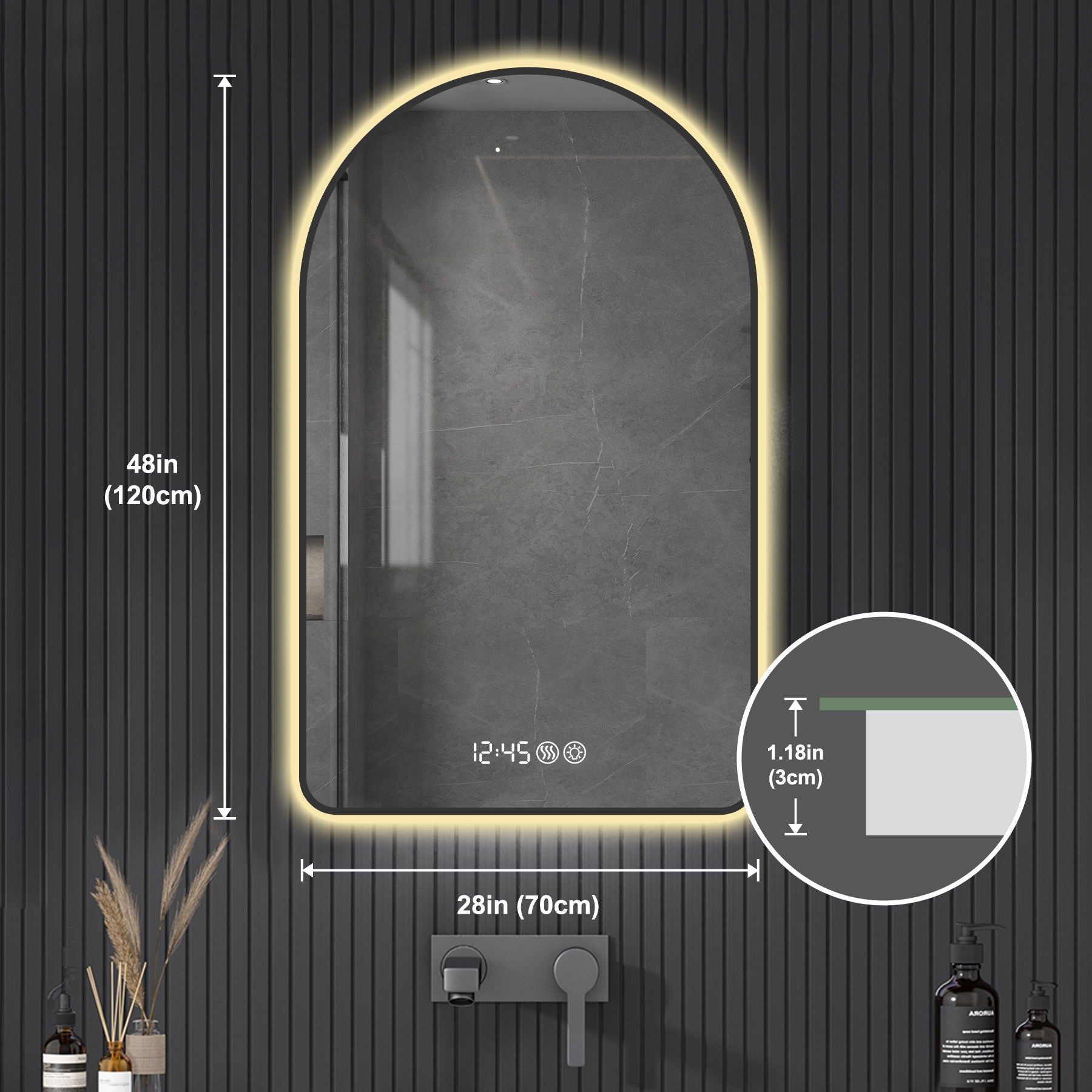 Modern Arched LED Bathroom Mirror With Time And Temperature Display, Anti Fog, Dimmable Light - Black
