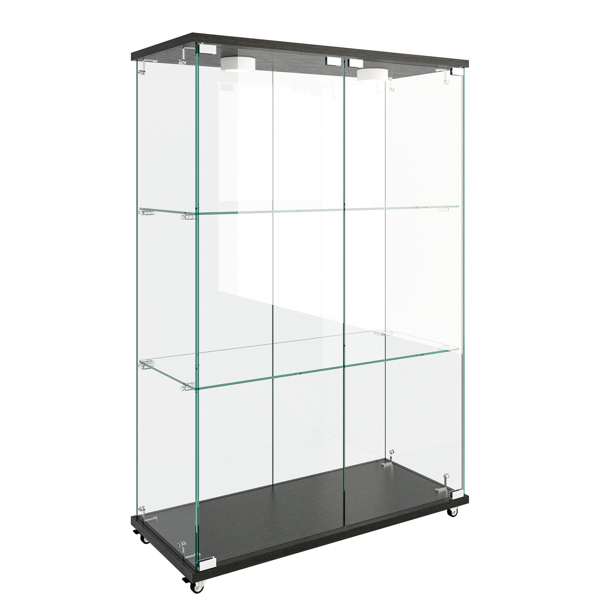 Modern Display Cabinet With LED Lights, Transparent Tempered Glass 2 Door Storage Case With 3 Shelves