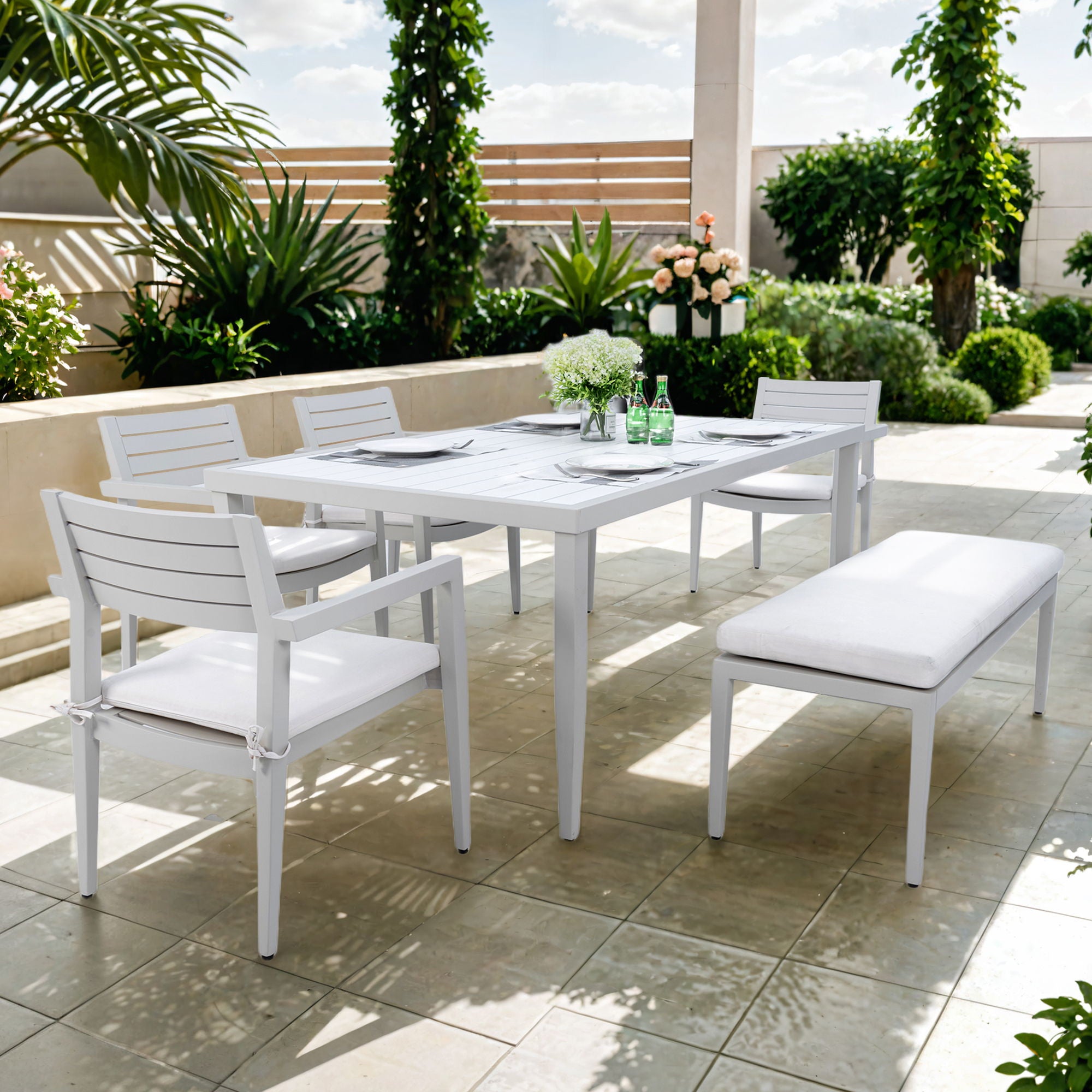 6 Piece Dining Set Modern Outdoor Patio Furniture, 4 Dining Chairs & 1 Dining Bench Sunbrella Fabric And 2 Tone Rectangle Table With Umbrella Hole - Matte White / Grayish