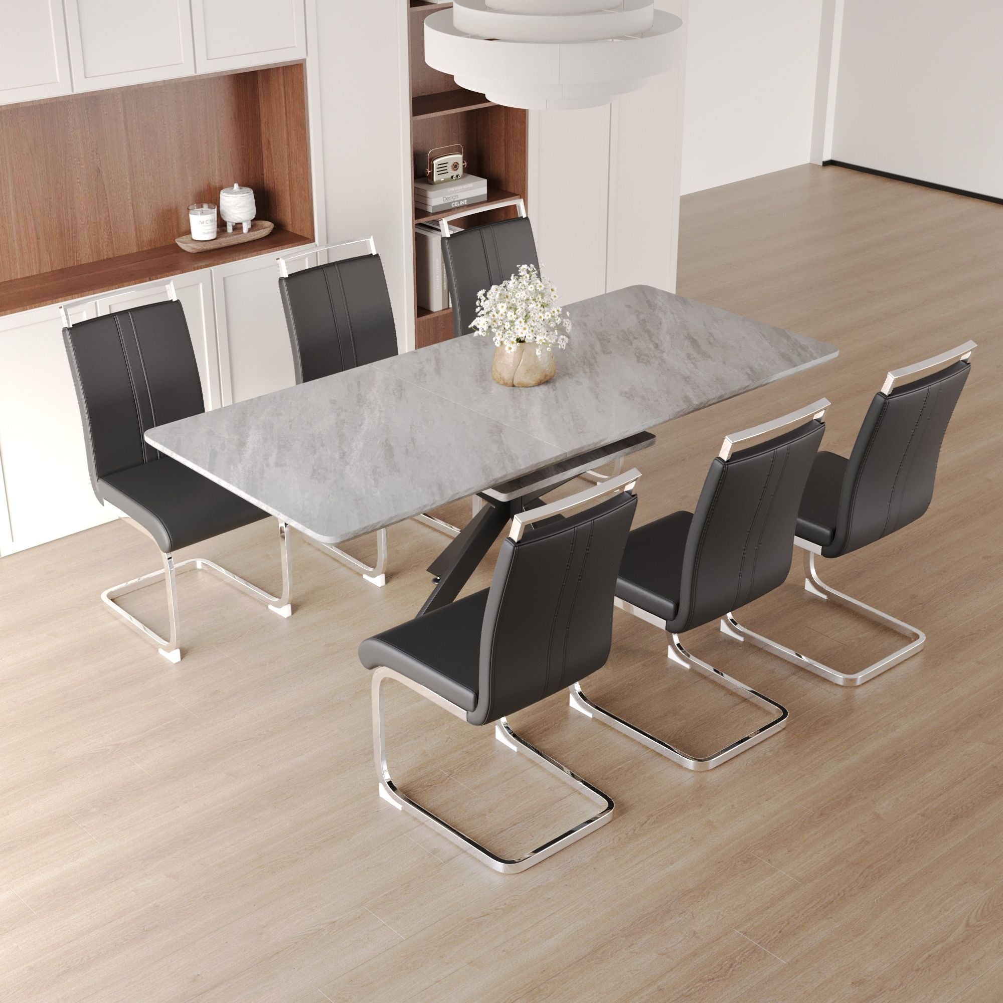 Modern Extendable Dining Table Set For 6 - 8 - Black / Gray
