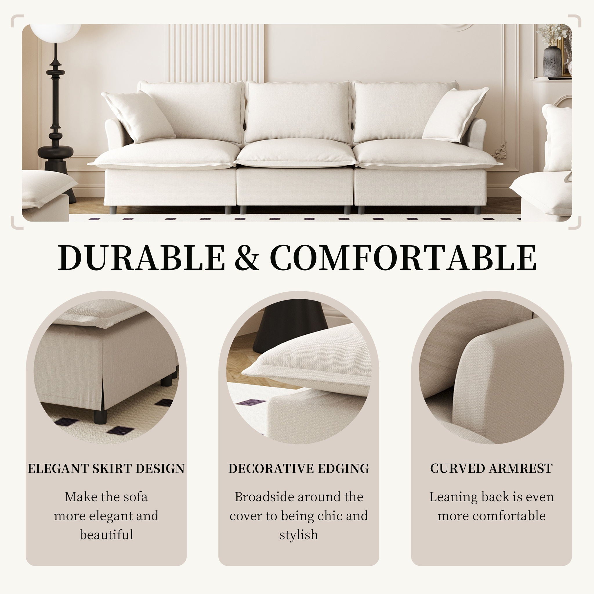 3 Seat Sofa Module For Modular Sectional Wide Seat Cloud Couch With Throw Pillows Upholstered