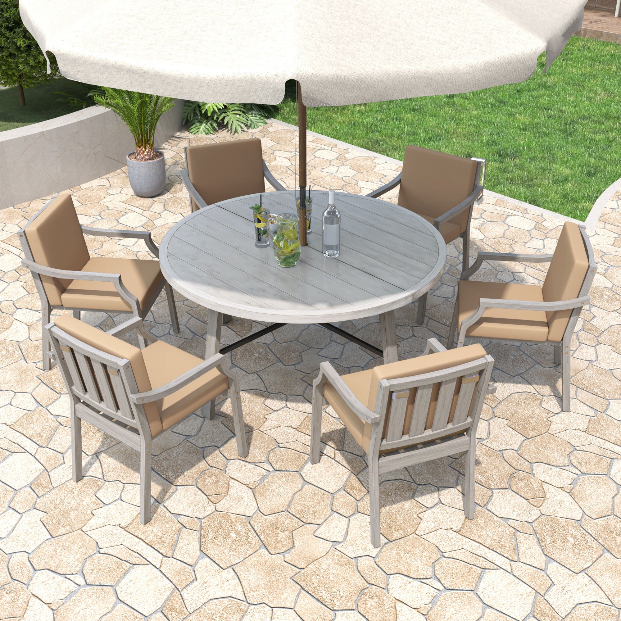6 Person Outdoor Wooden Dining Set With Umbrella Hole And Removable Cushions For Patio - Gray