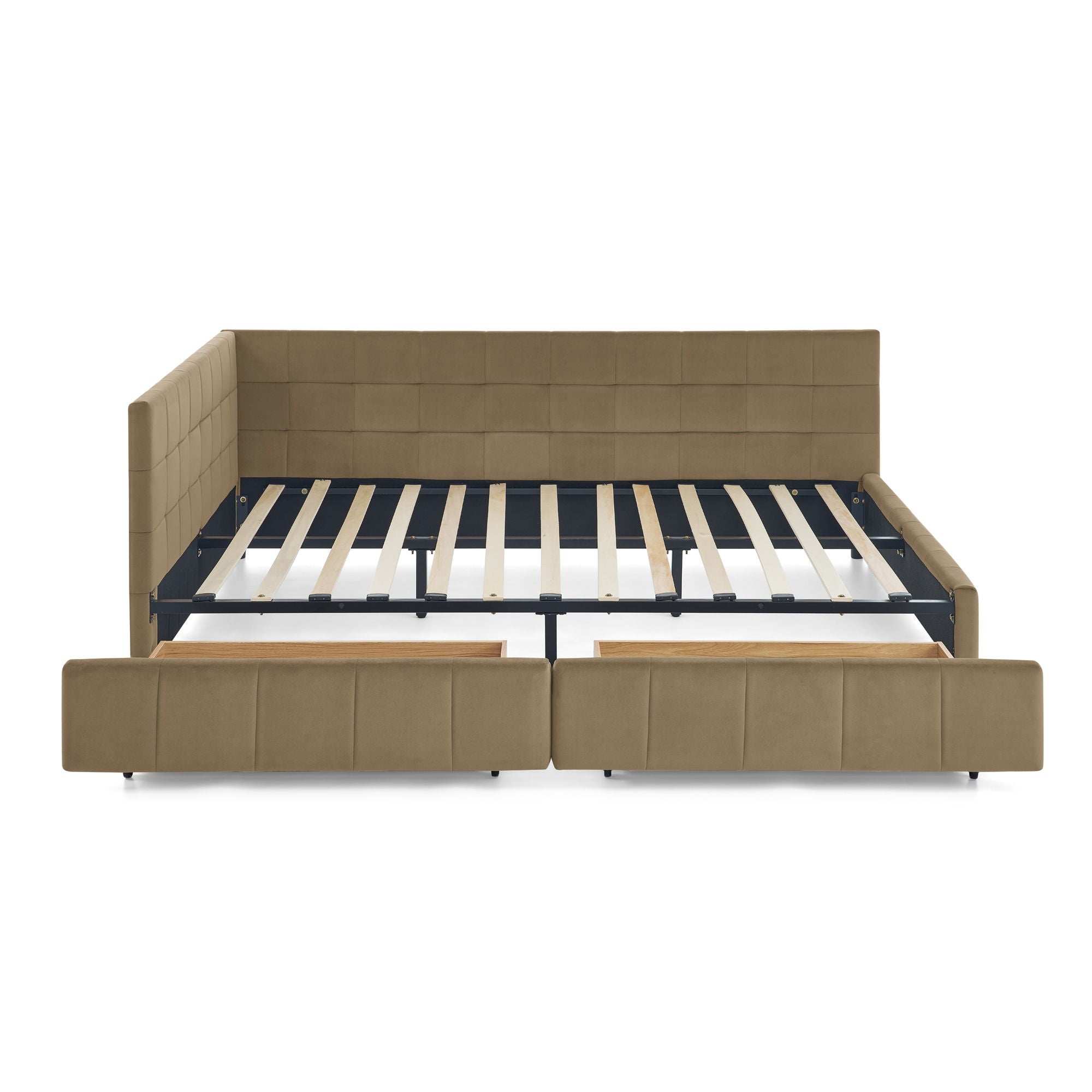 Mid-Century Storage Upholstered Tufted Bed Frame With Backrest And Armrests