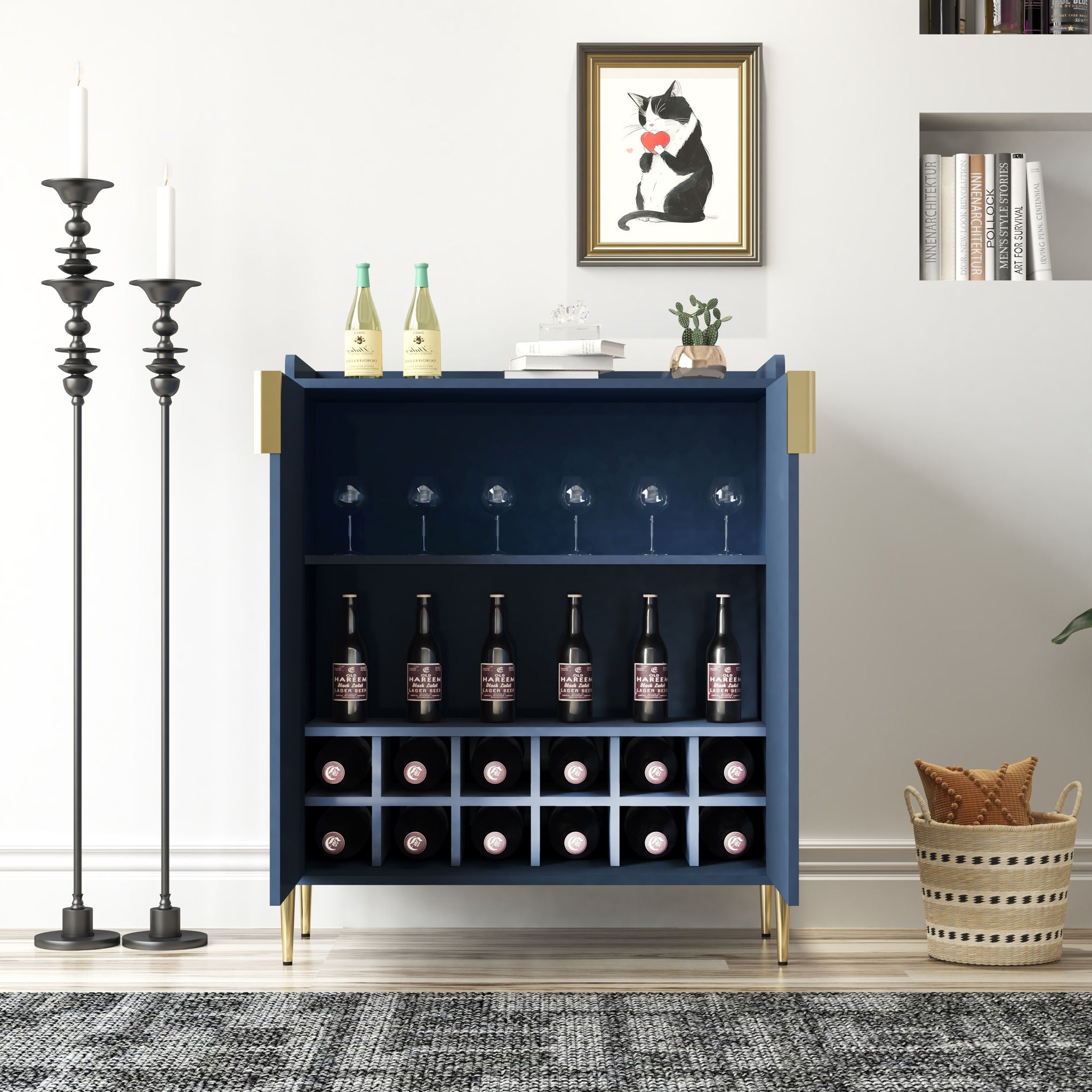 Wine Bar Cabinet With Adjustable Shelf, 2 Door Sideboard With Soft-Closing Hinges And Feet