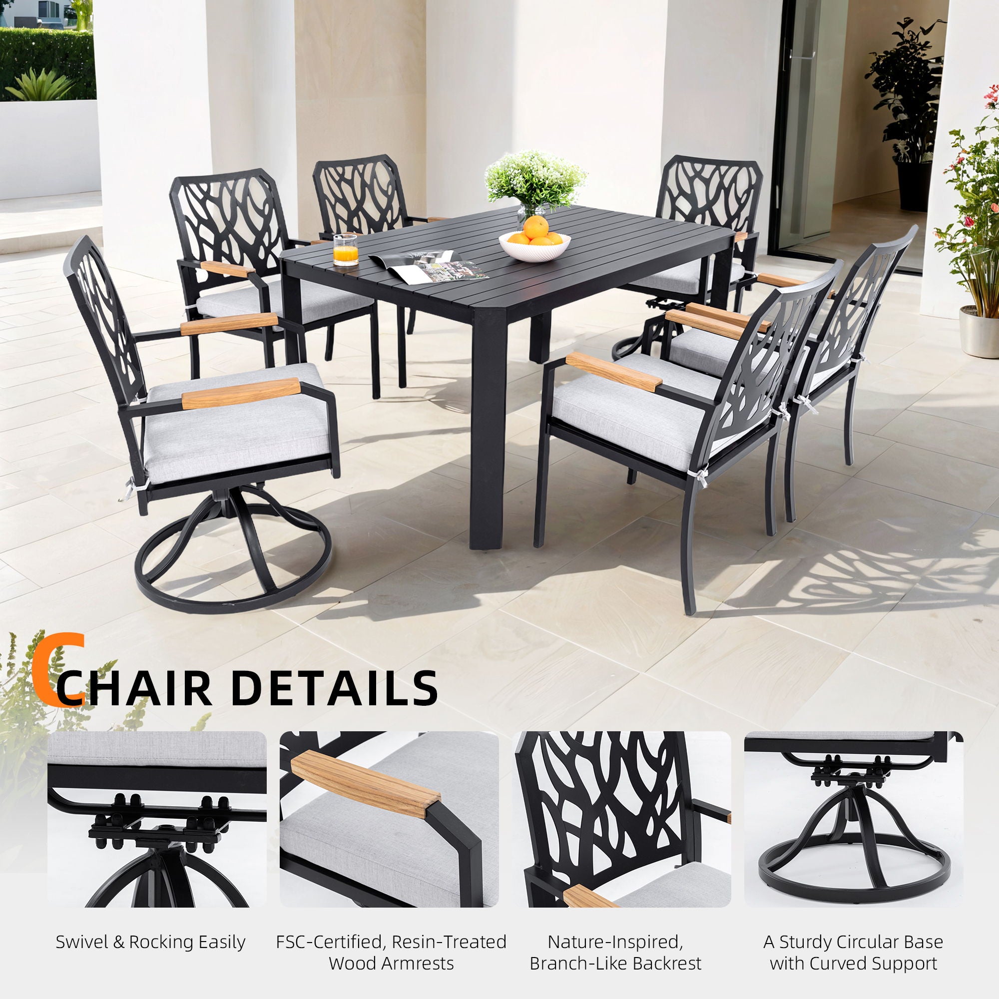 Outdoor Patio Furniture Dining Set With Sunbrella Fabric, Rectangular Table With Umbrella Hole
