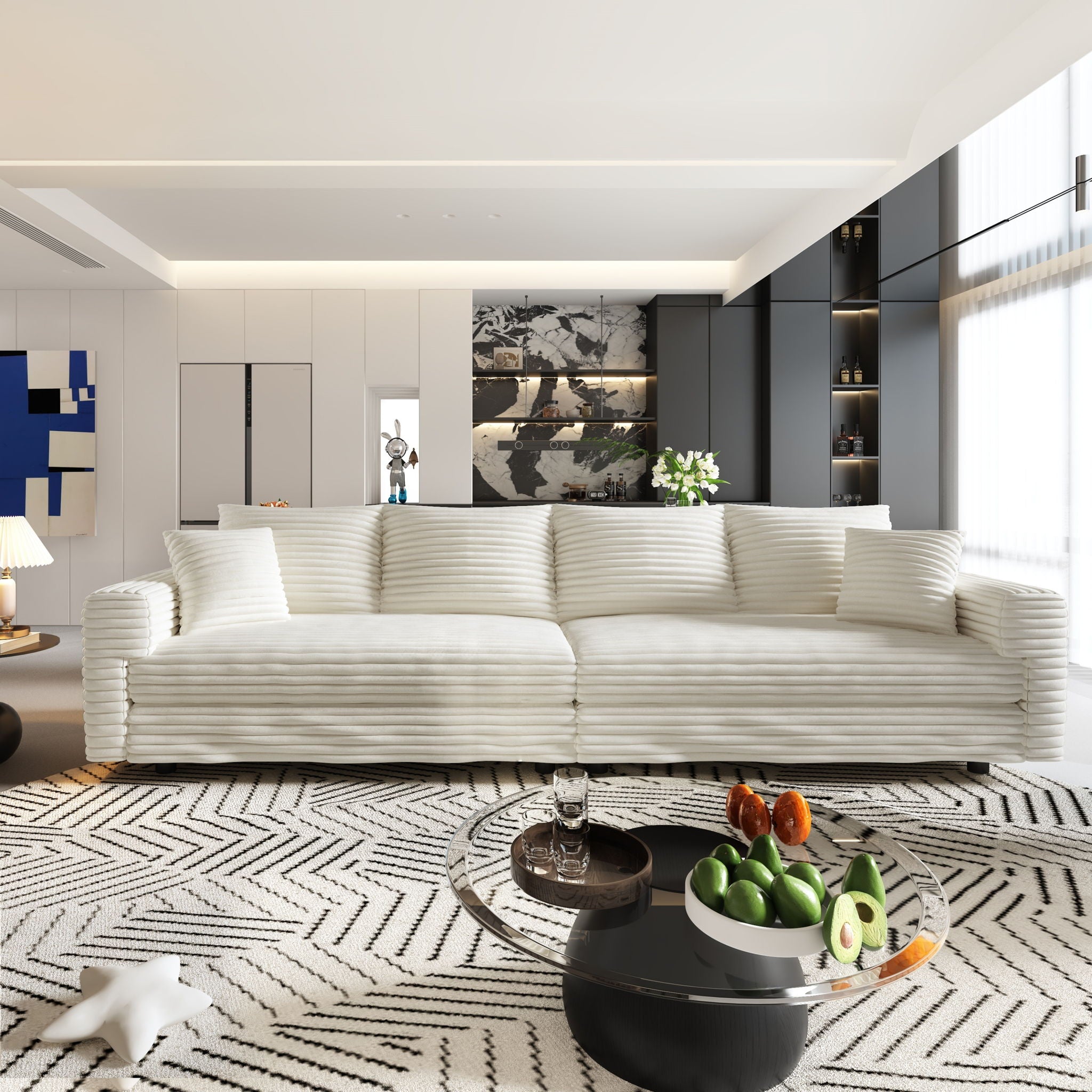 Plush Corduroy 4 Seat Sofa With Soft Pillows And Movable Ottoman